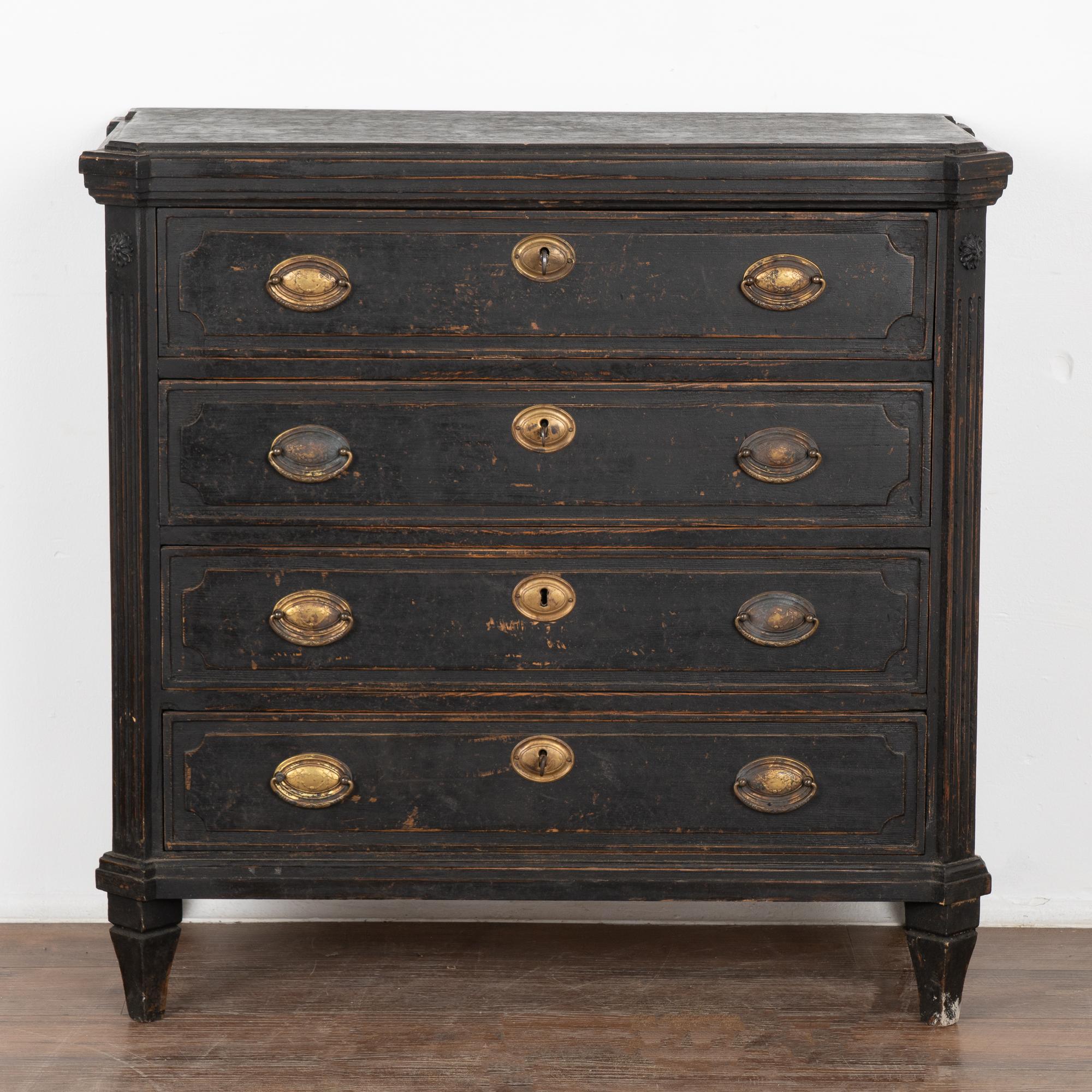 Swedish Black Painted Pine Chest of Four Drawers, Sweden circa 1840-60 For Sale