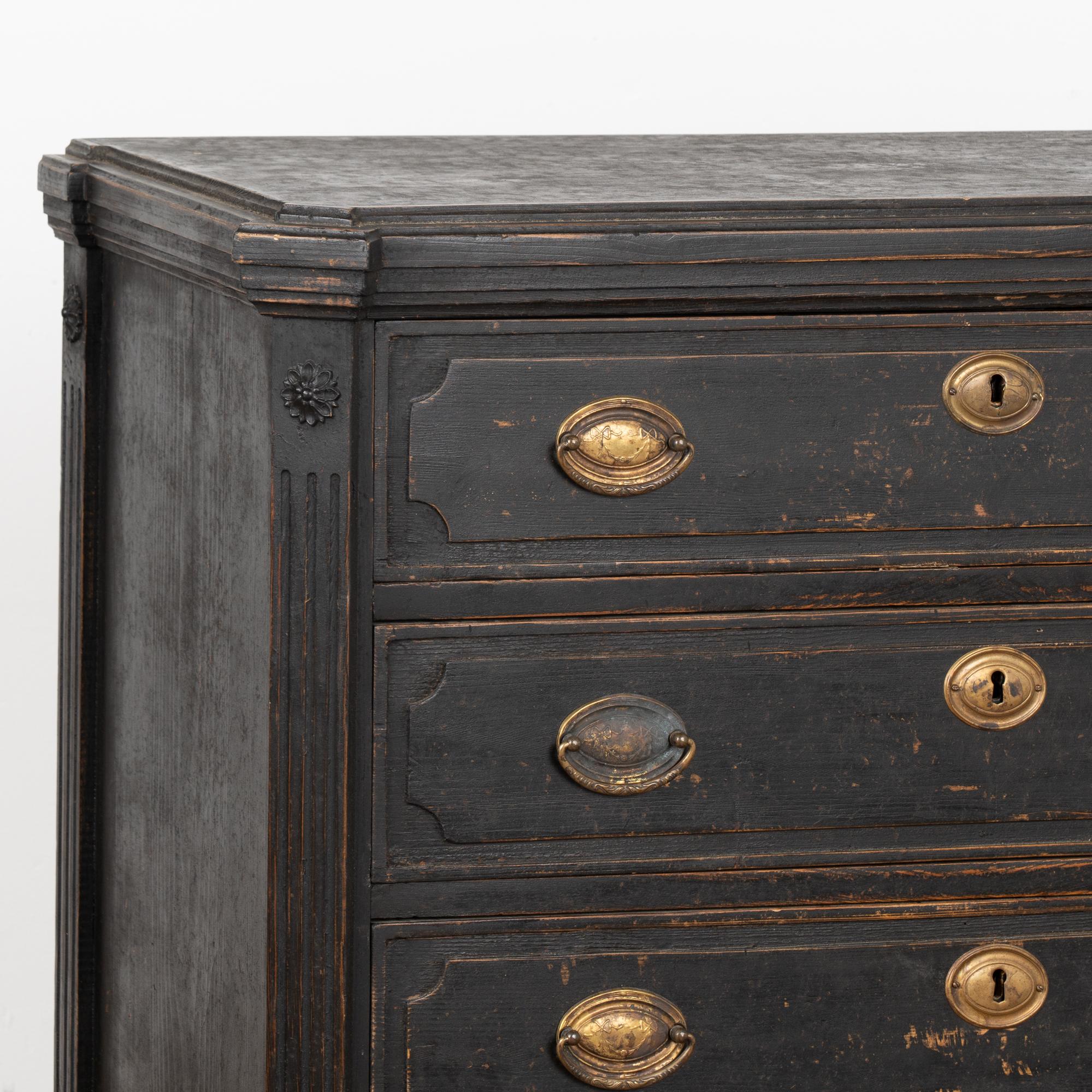 19th Century Black Painted Pine Chest of Four Drawers, Sweden circa 1840-60 For Sale