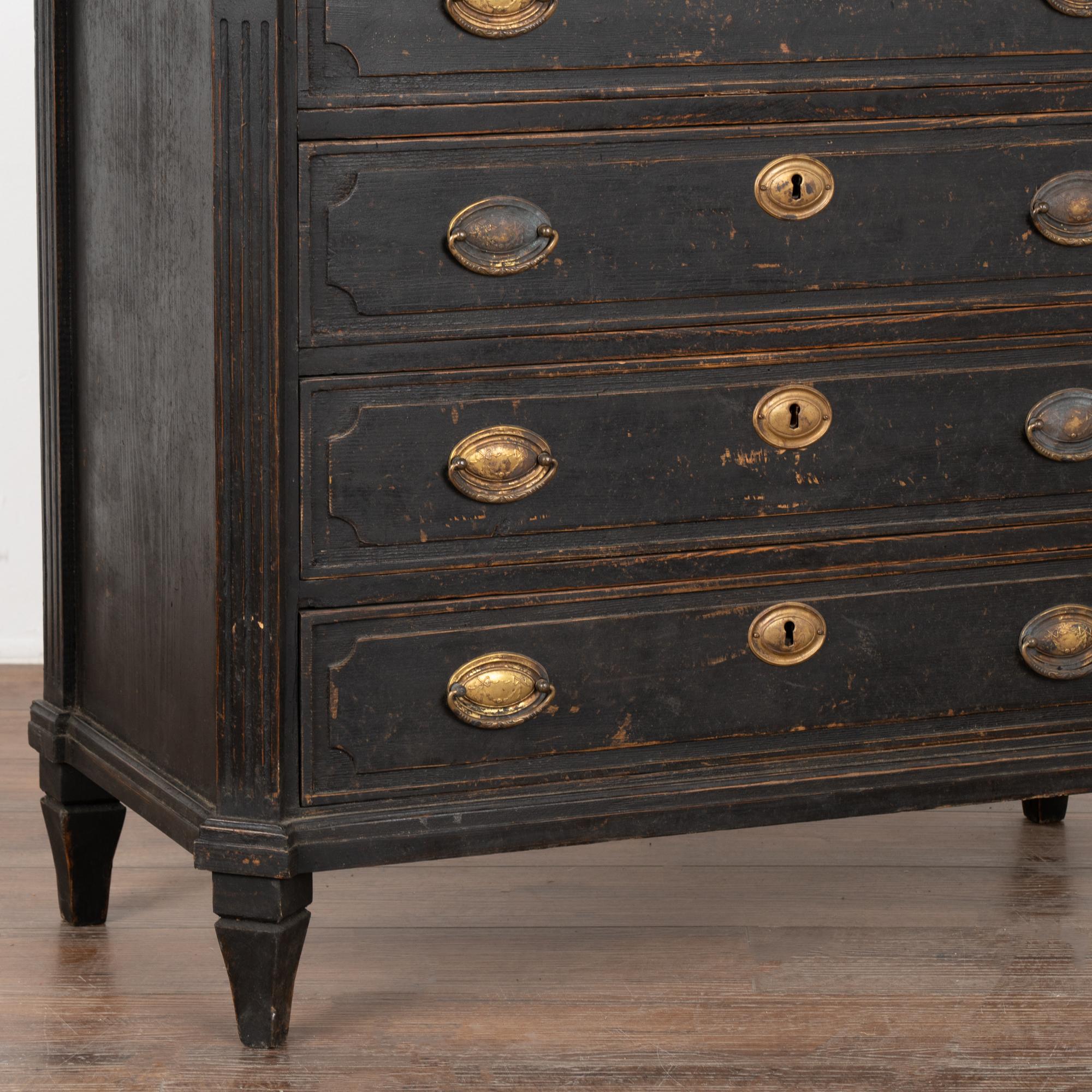 Brass Black Painted Pine Chest of Four Drawers, Sweden circa 1840-60 For Sale