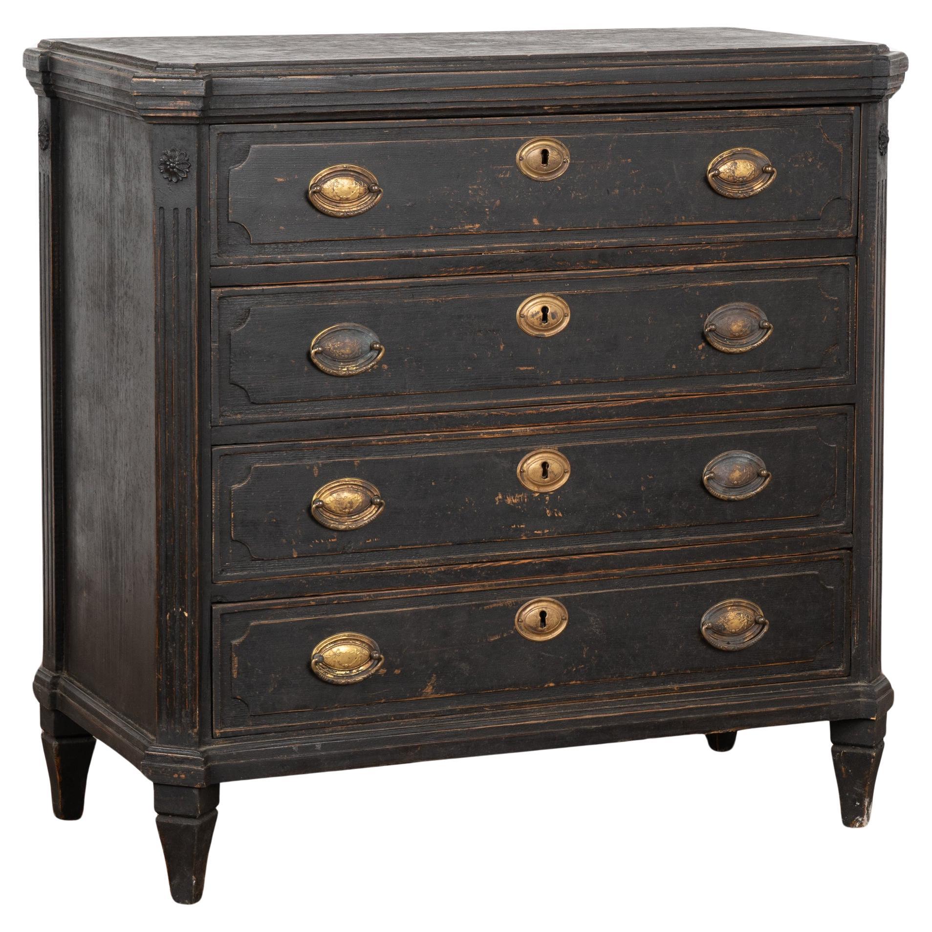 Black Painted Pine Chest of Four Drawers, Sweden circa 1840-60 For Sale