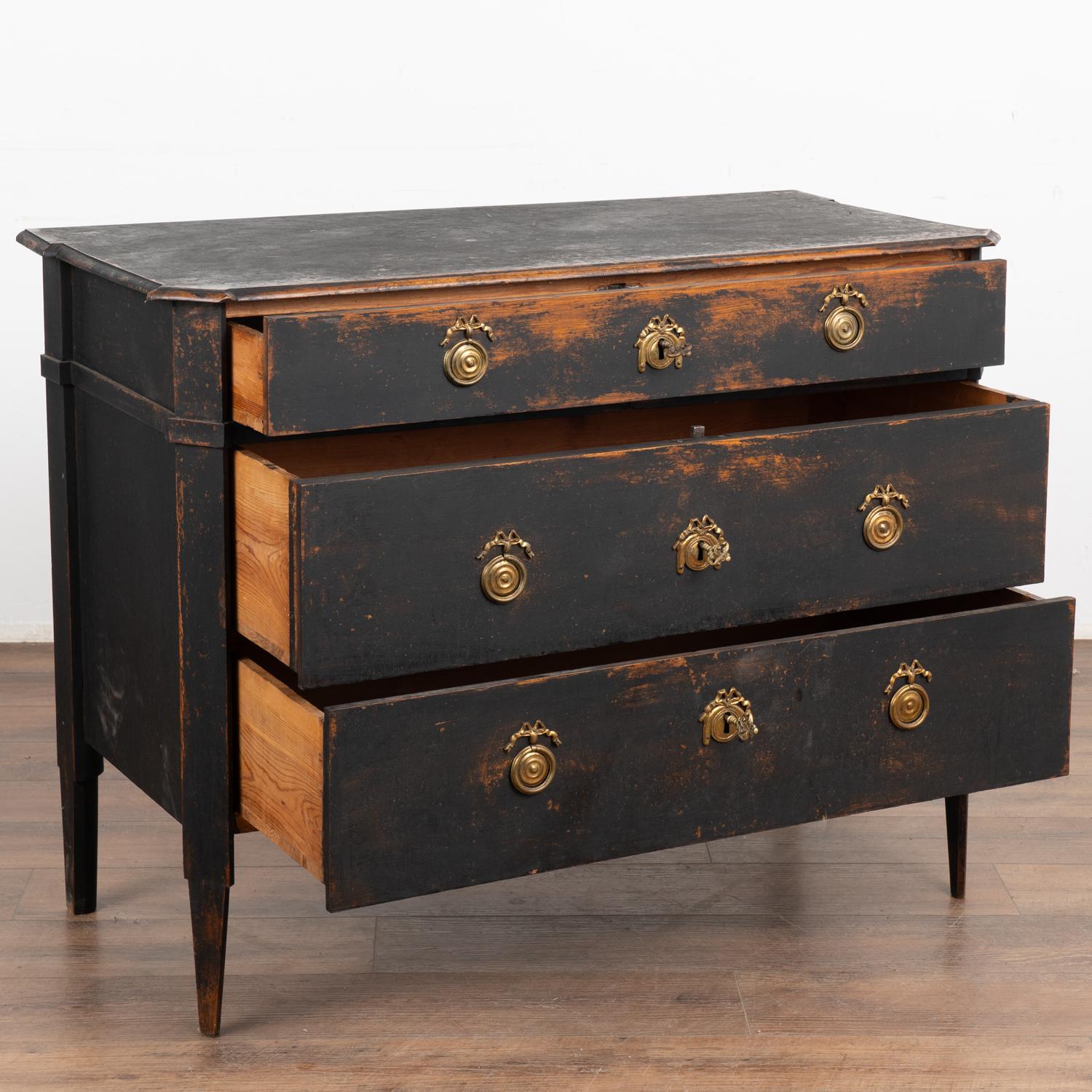 Gustavian Black Painted Pine Chest of Three Drawers, Sweden circa 1860-80 For Sale