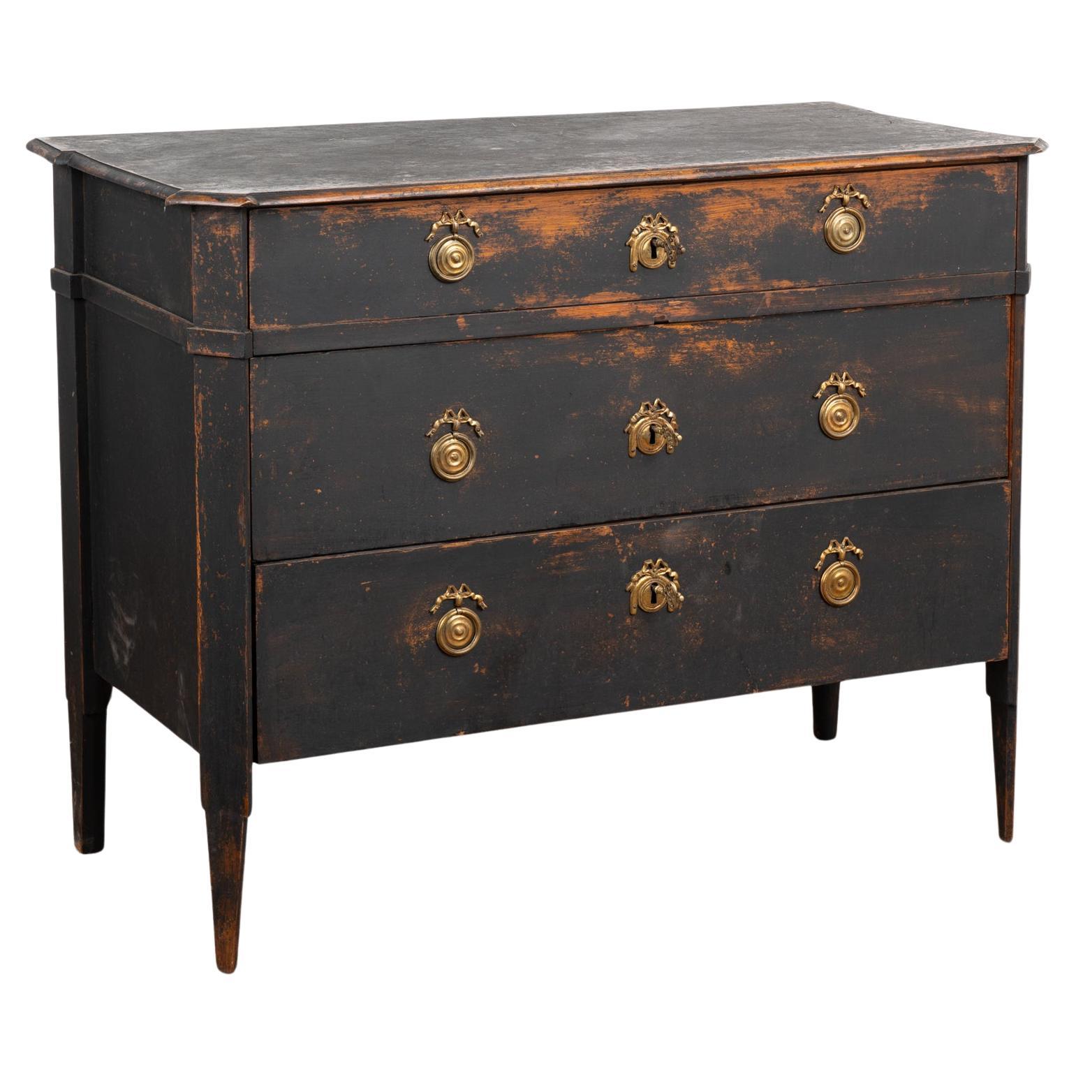 Black Painted Pine Chest of Three Drawers, Sweden circa 1860-80 For Sale