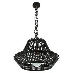 Black Painted Rattan Wicker Pagoda Shaped Pendant Light / Lantern