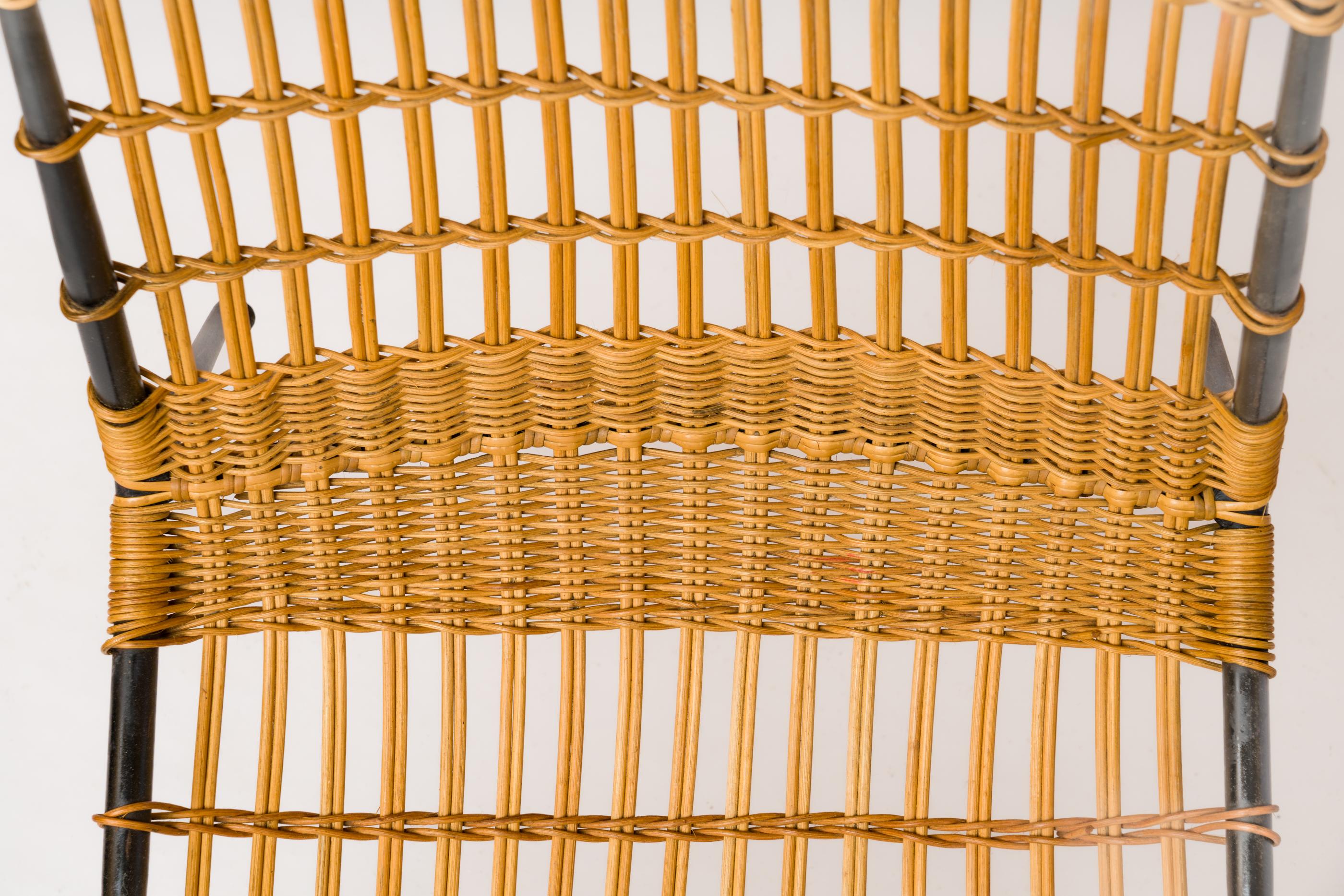 Mid-20th Century Black Painted Steel & Wicker 