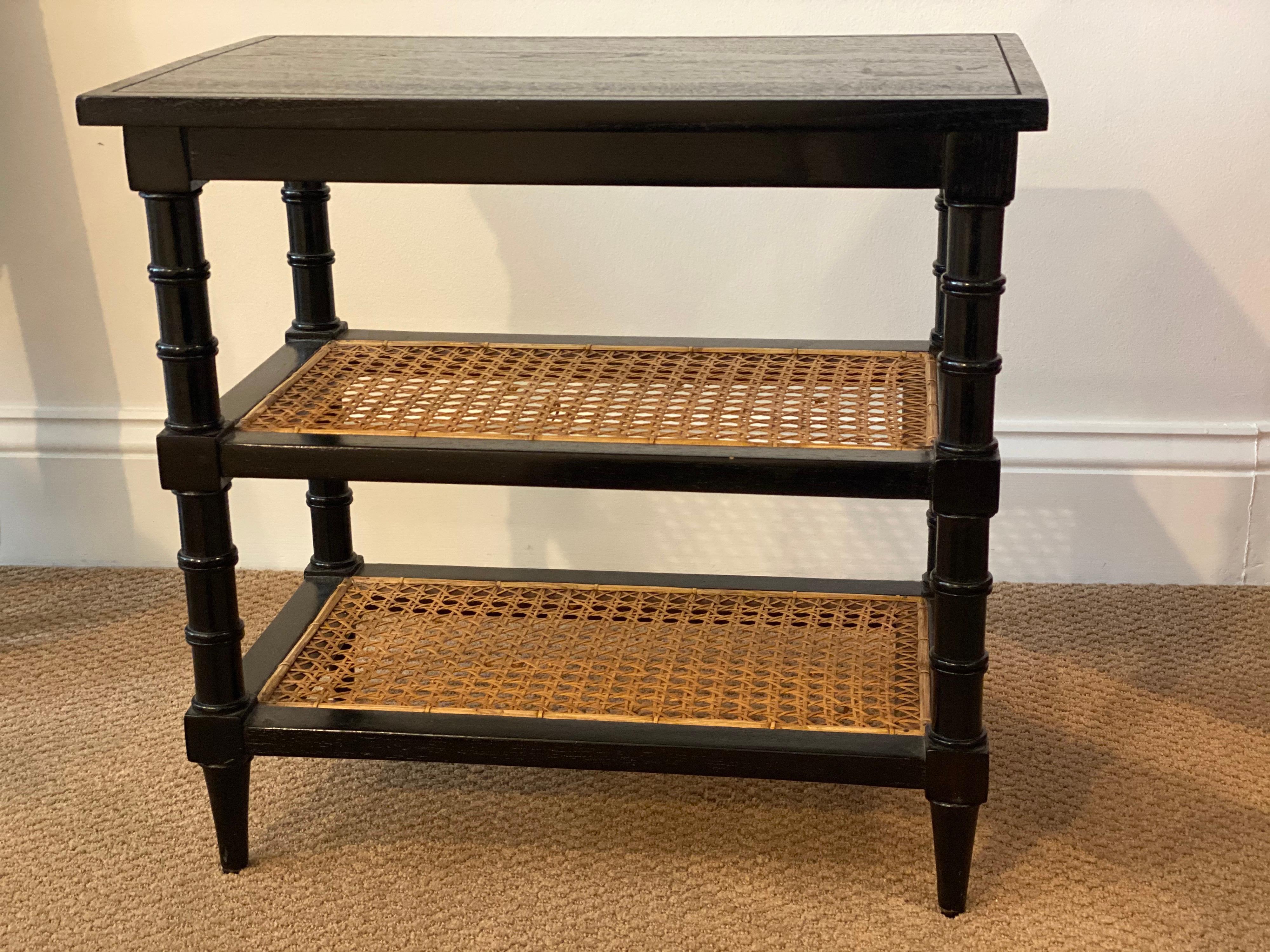 American Black Painted Telephone End Table with Caned Shelves