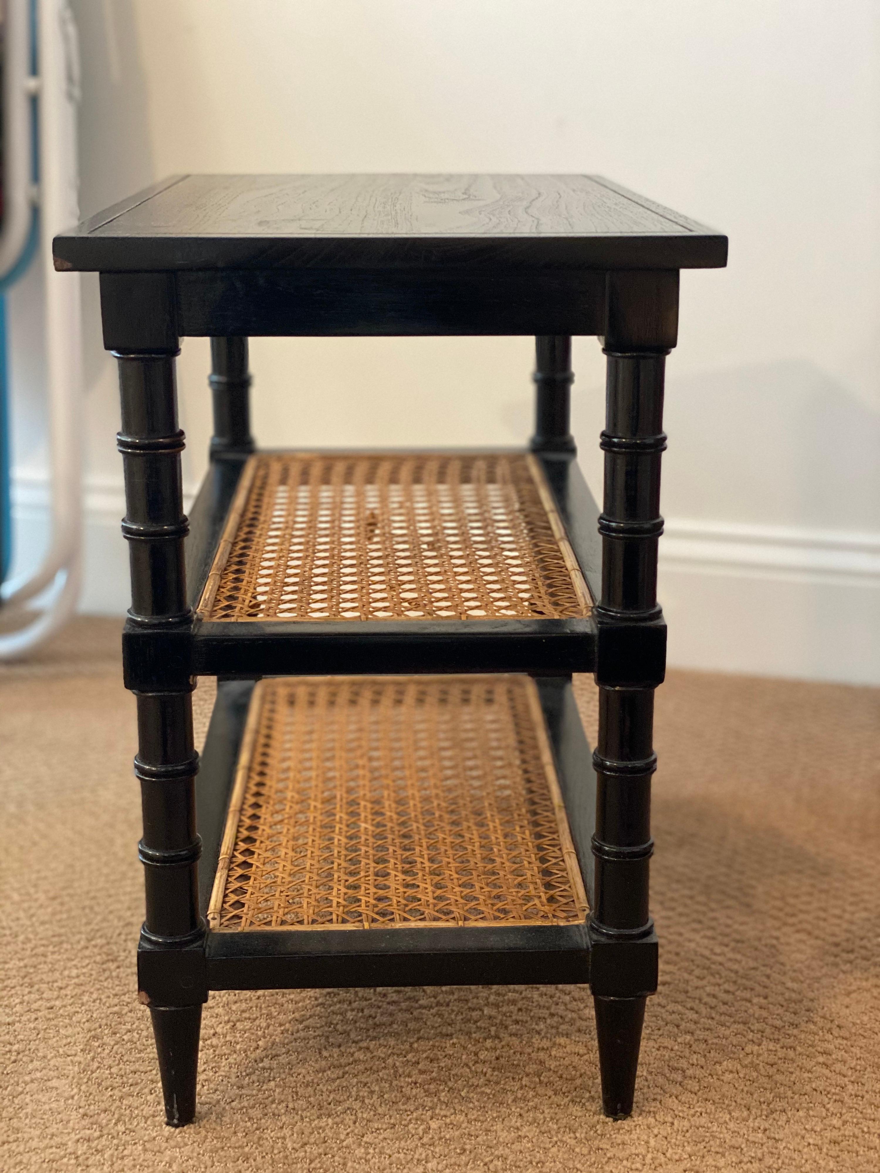 Black Painted Telephone End Table with Caned Shelves In Good Condition In Southampton, NY