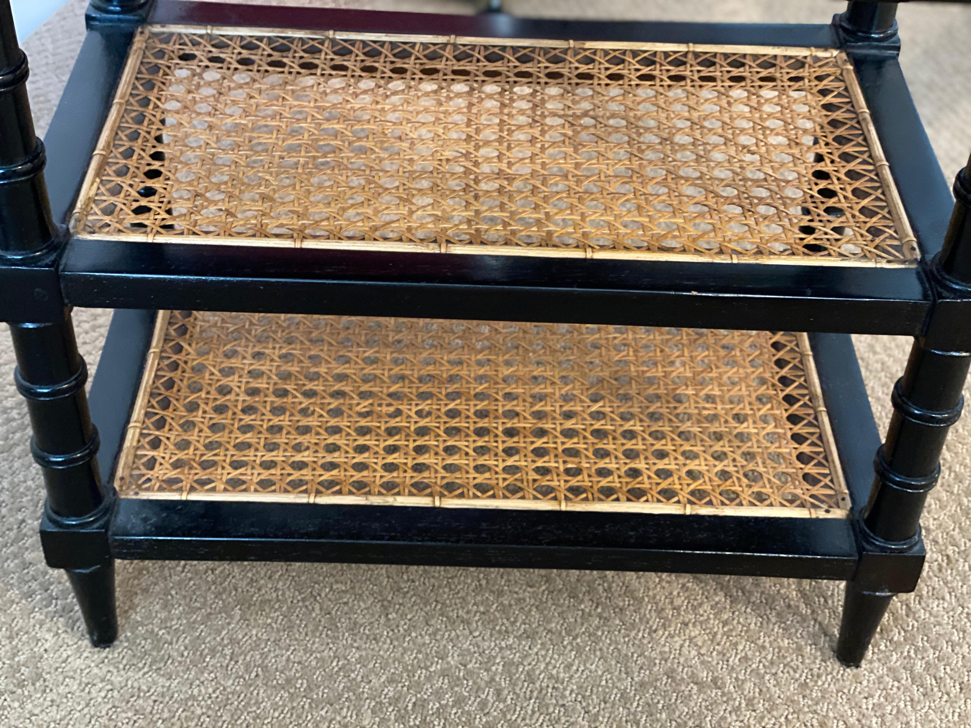 20th Century Black Painted Telephone End Table with Caned Shelves
