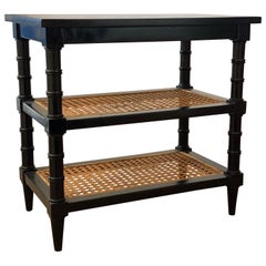 Black Painted Telephone End Table with Caned Shelves