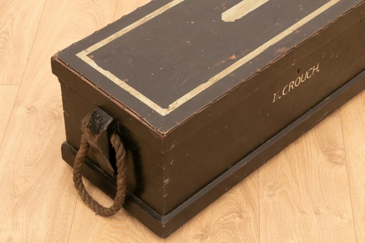 European Black Painted Toolbox with Stretched Leather Top For Sale