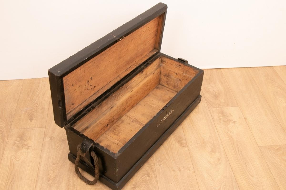 20th Century Black Painted Toolbox with Stretched Leather Top For Sale