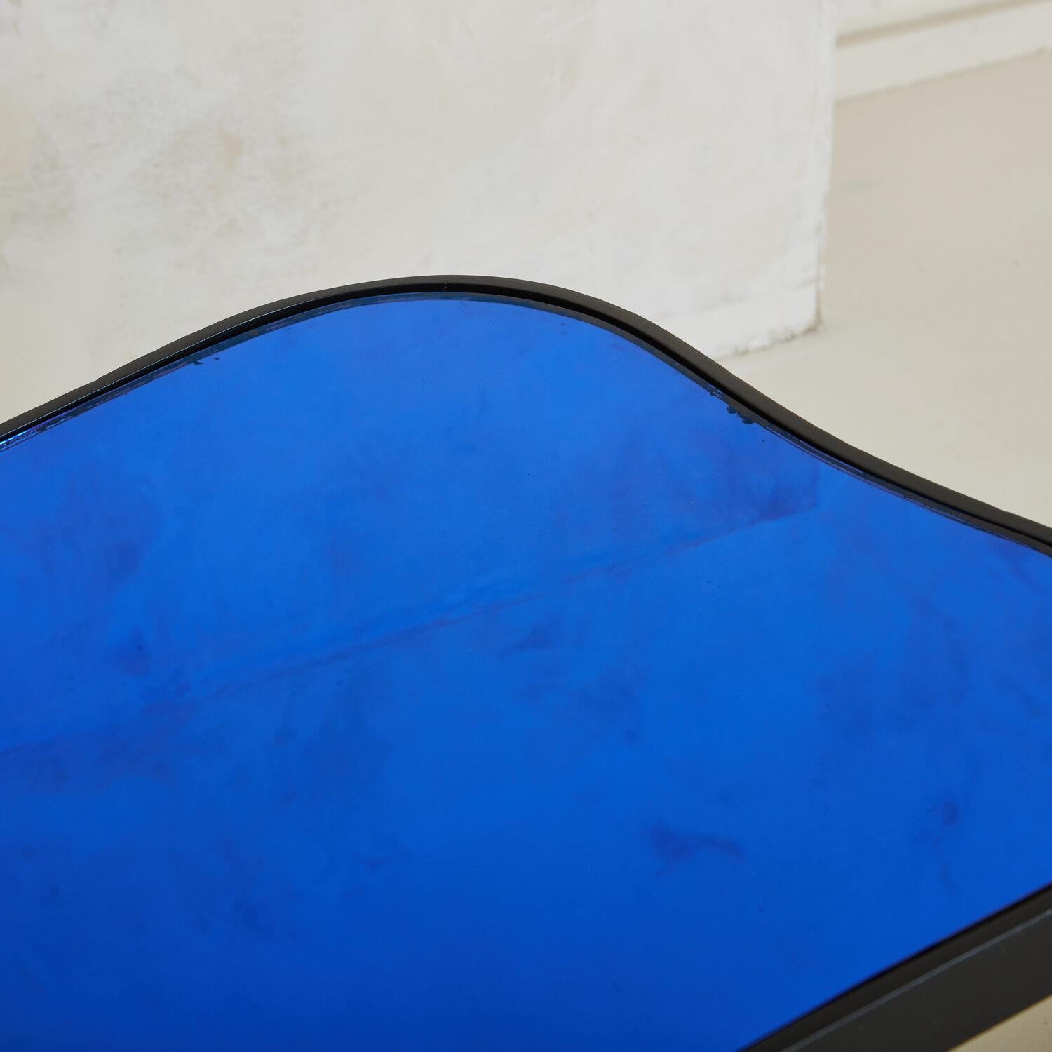 Black Painted Wood Coffee Table with Blue Glass Top In Good Condition For Sale In Chicago, IL