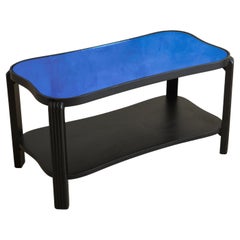 Black Painted Wood Coffee Table with Blue Glass Top