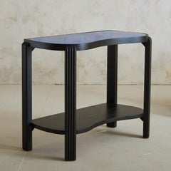 Black Painted Wood Side Table With Blue Glass Top, Single