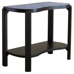 Black Painted Wood Side Table With Blue Glass Top, Single