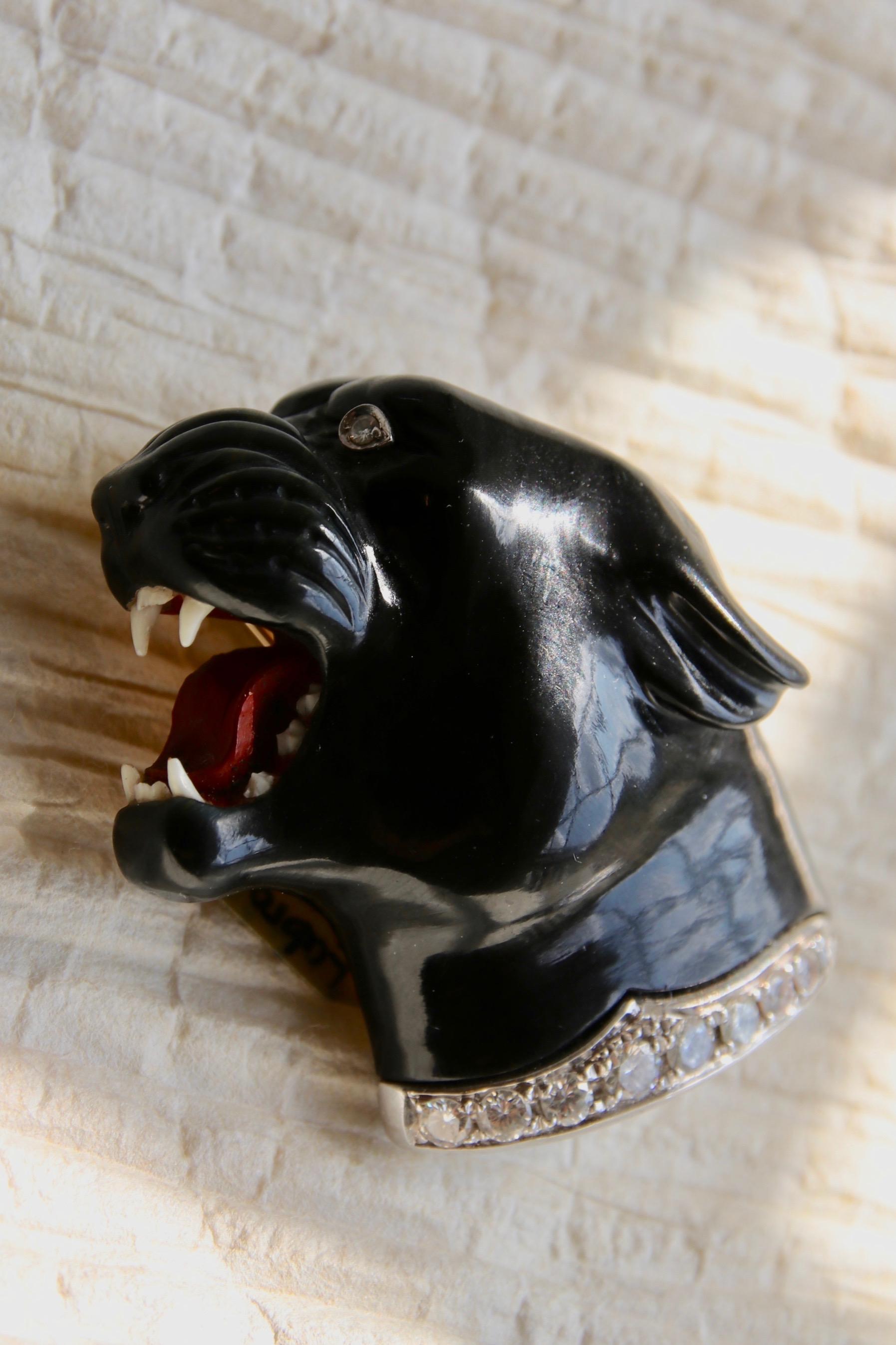 Black Panther Carved Black Labradorite Diamond Collar Brooch Pendant For Sale 1