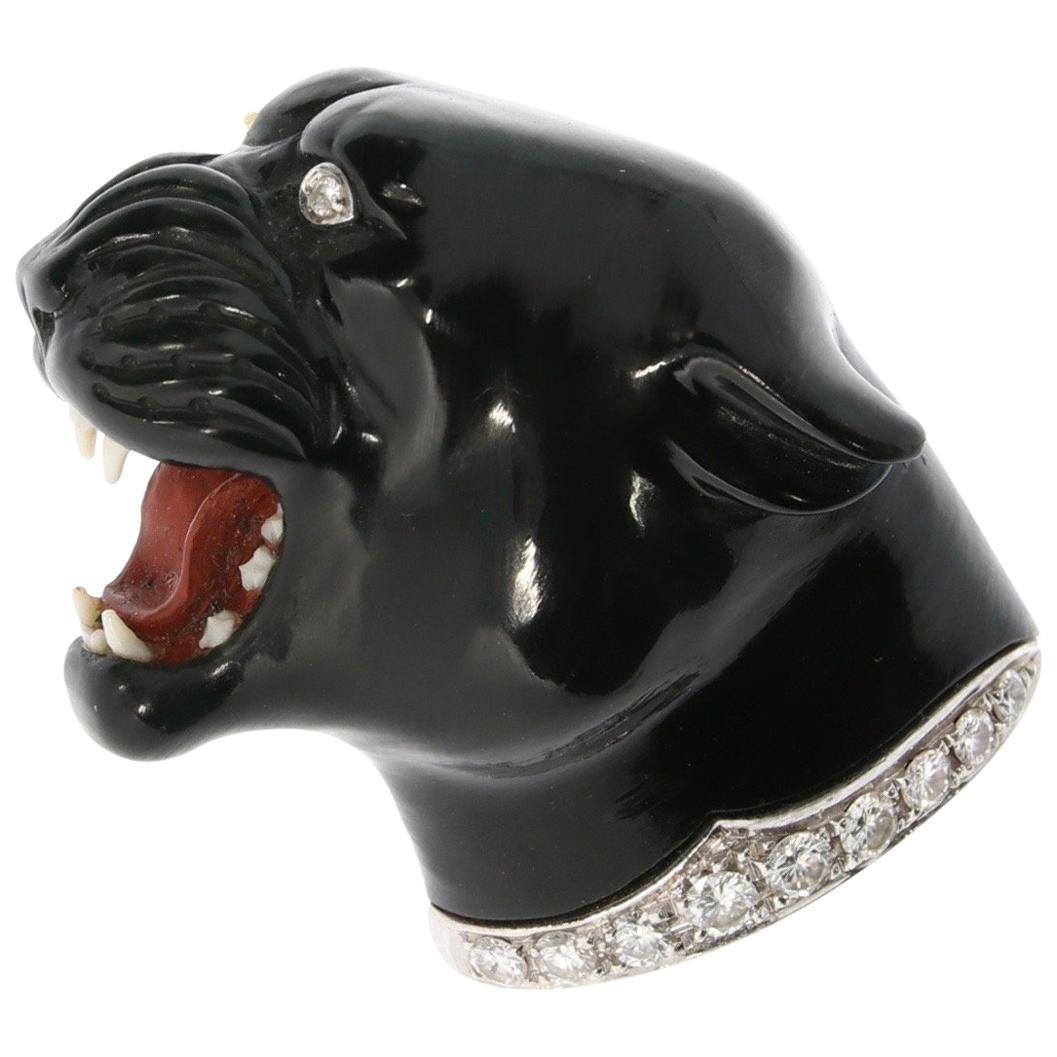 Black Panther Carved Black Labradorite Diamond Collar Brooch Pendant For Sale
