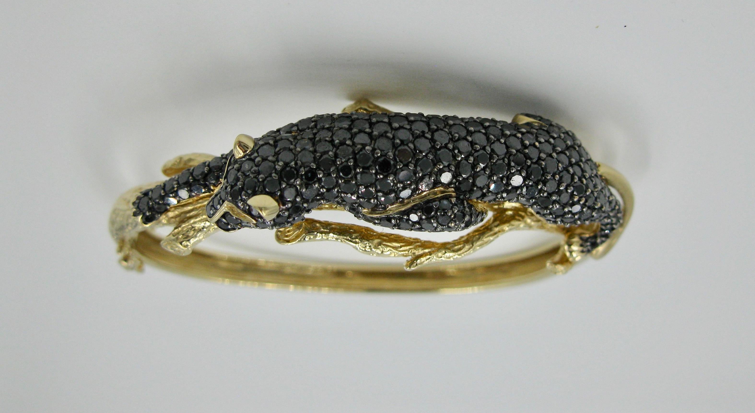Women's Black Panther Leopard Bracelet Black Diamond 14 Karat Gold