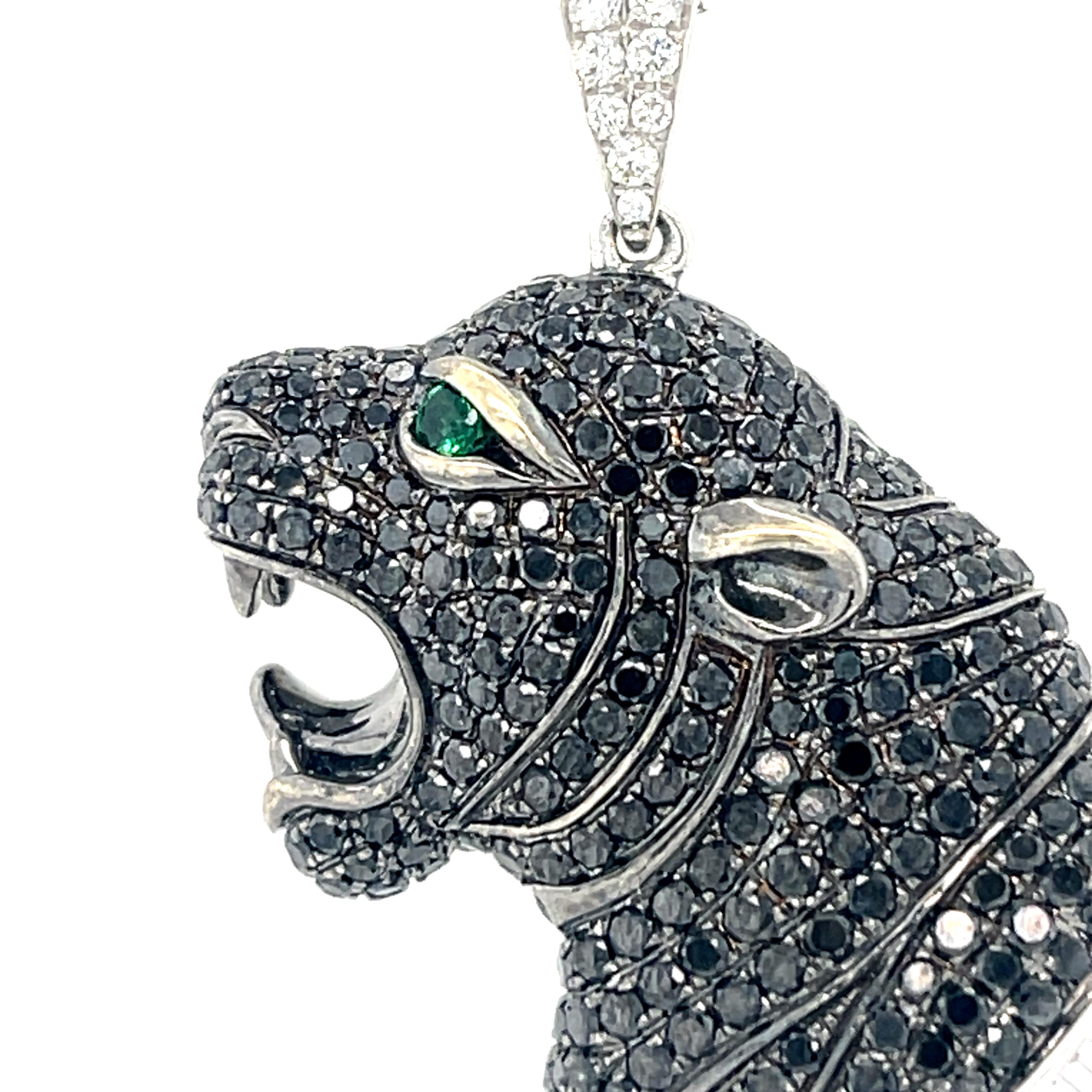 Baguette Cut Black Panther Pendant with natural Black and White Diamonds in 18K White Gold For Sale