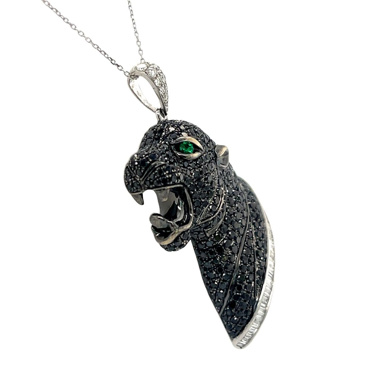 Black Panther Pendant with natural Black and White Diamonds in 18K White Gold In New Condition For Sale In New York, NY