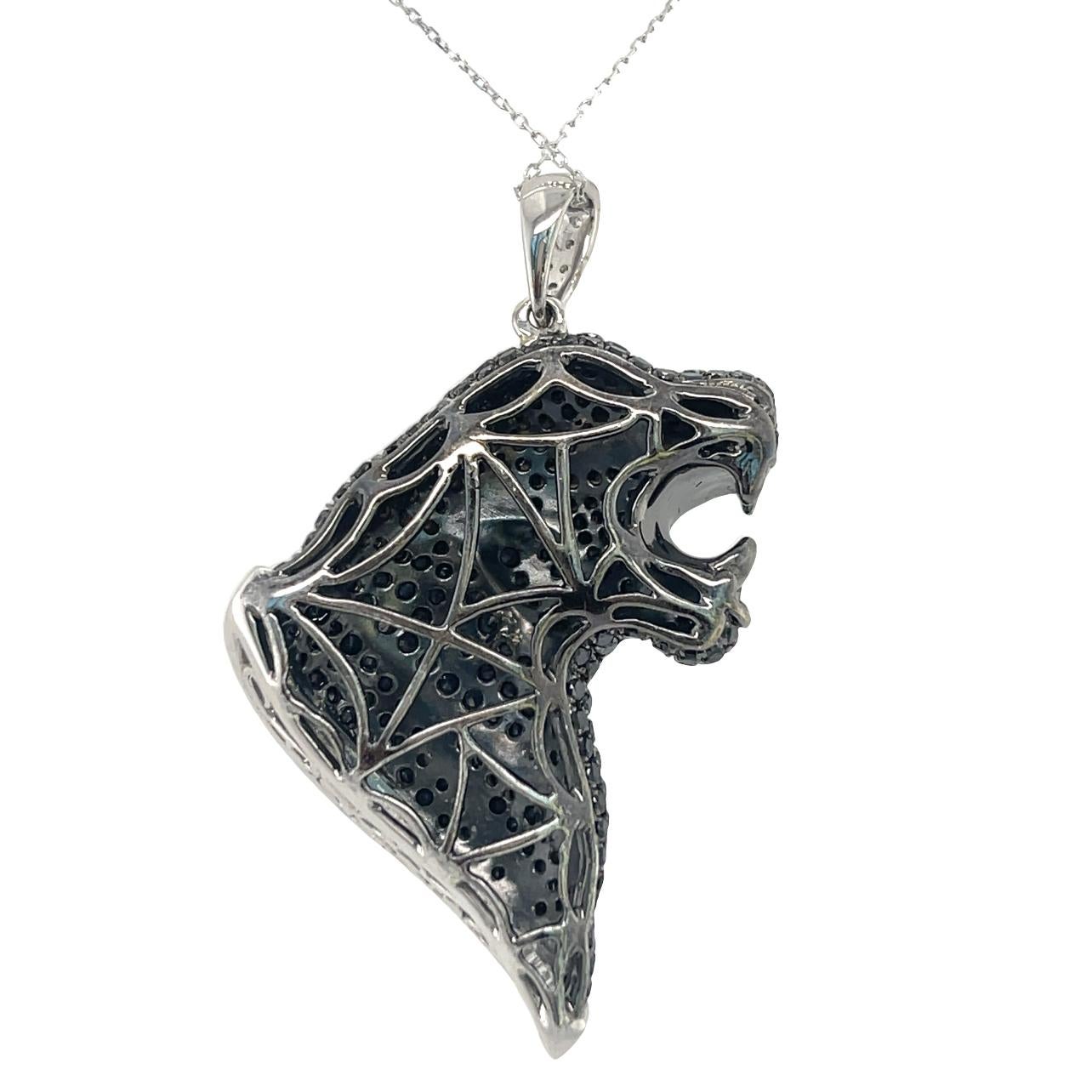 Women's or Men's Black Panther Pendant with natural Black and White Diamonds in 18K White Gold For Sale