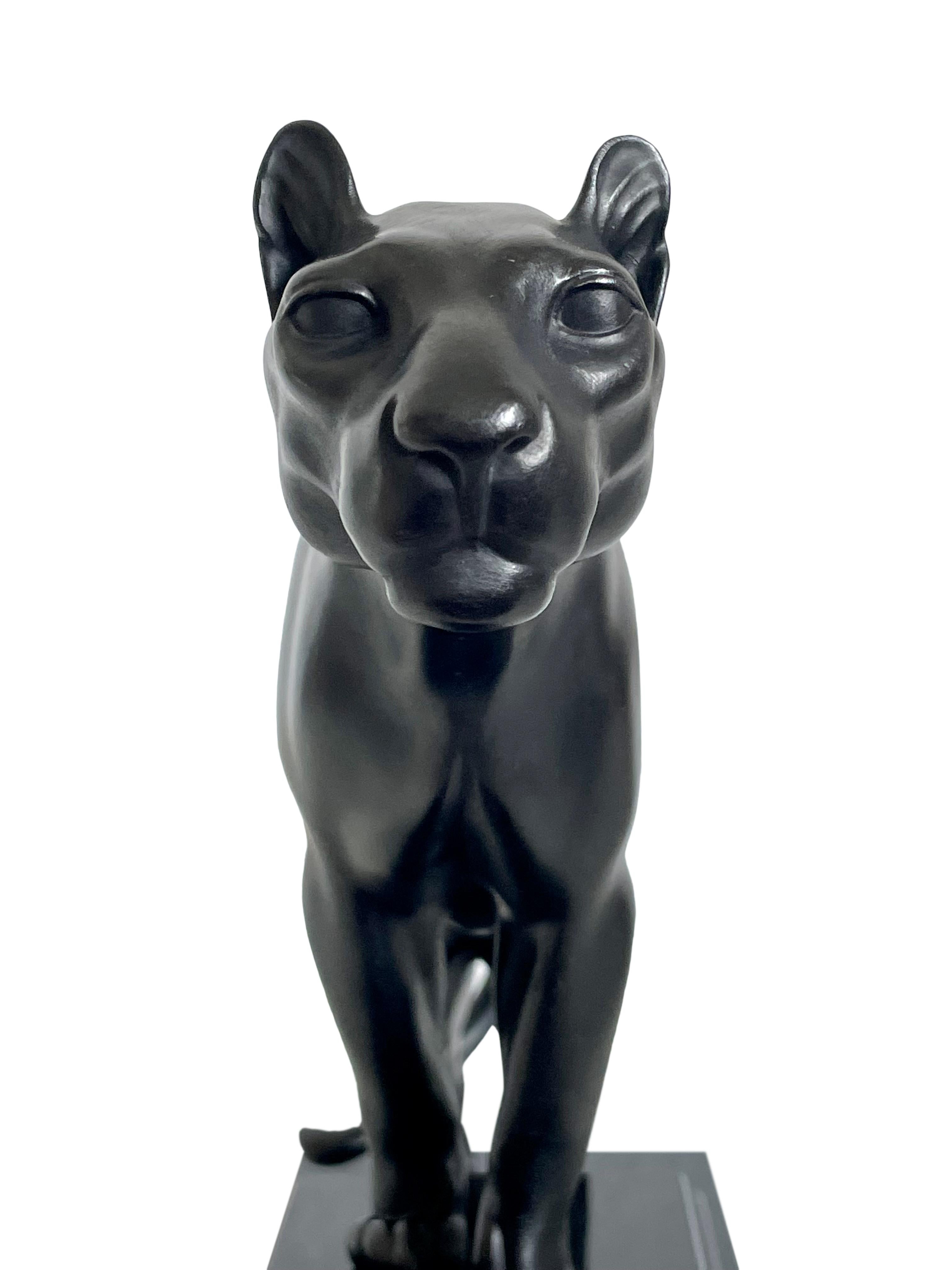 Art Deco Black Panther Sculpture by Max Le Verrier on a Stepped Marble Base