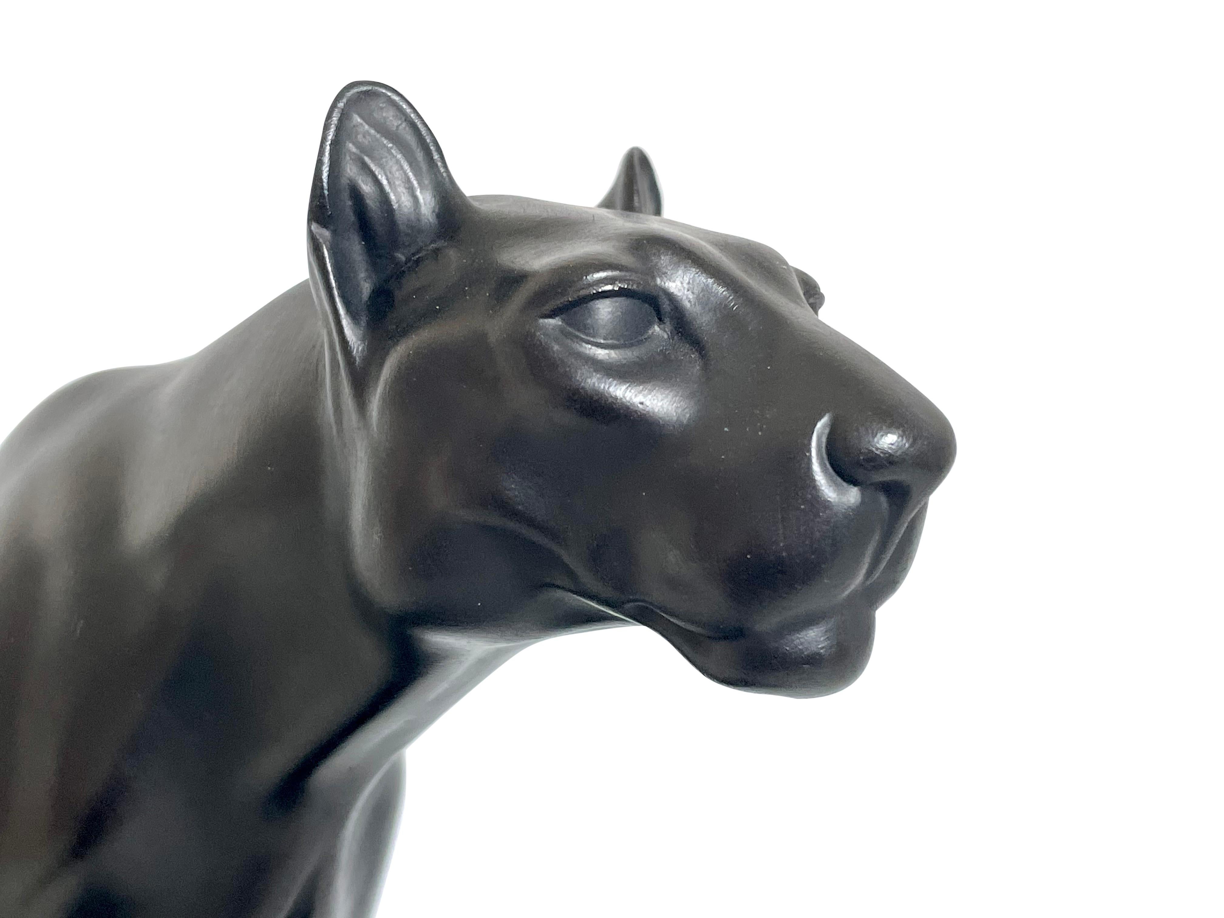 French Black Panther Sculpture by Max Le Verrier on a Stepped Marble Base