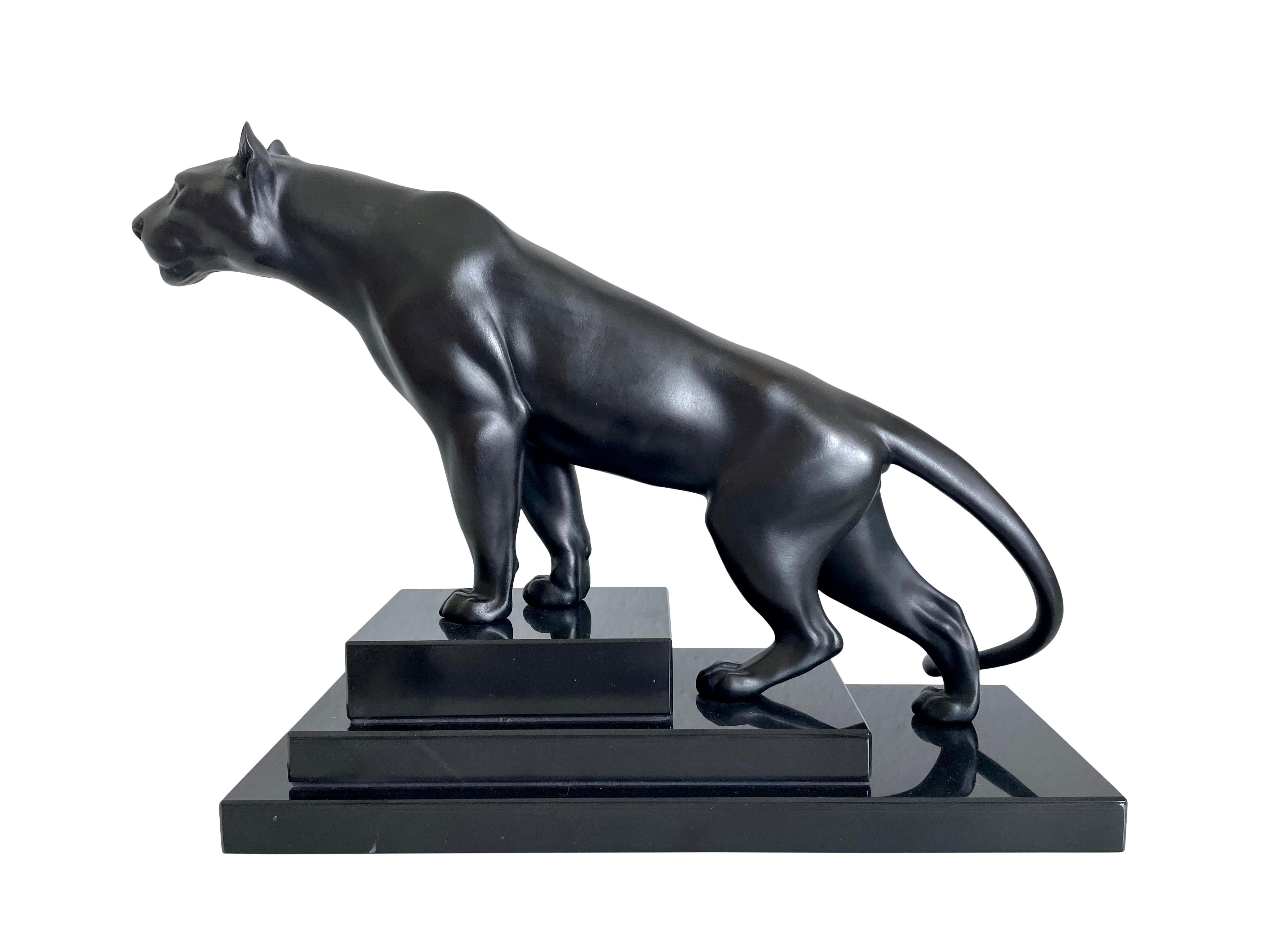 Patinated Black Panther Sculpture Jungle Original Max Le Verrier Spelter Marble