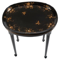 Antique Black Papier Maché Standing Rim Oval Tea Tray with a Gilt Floral Pattern '1820'