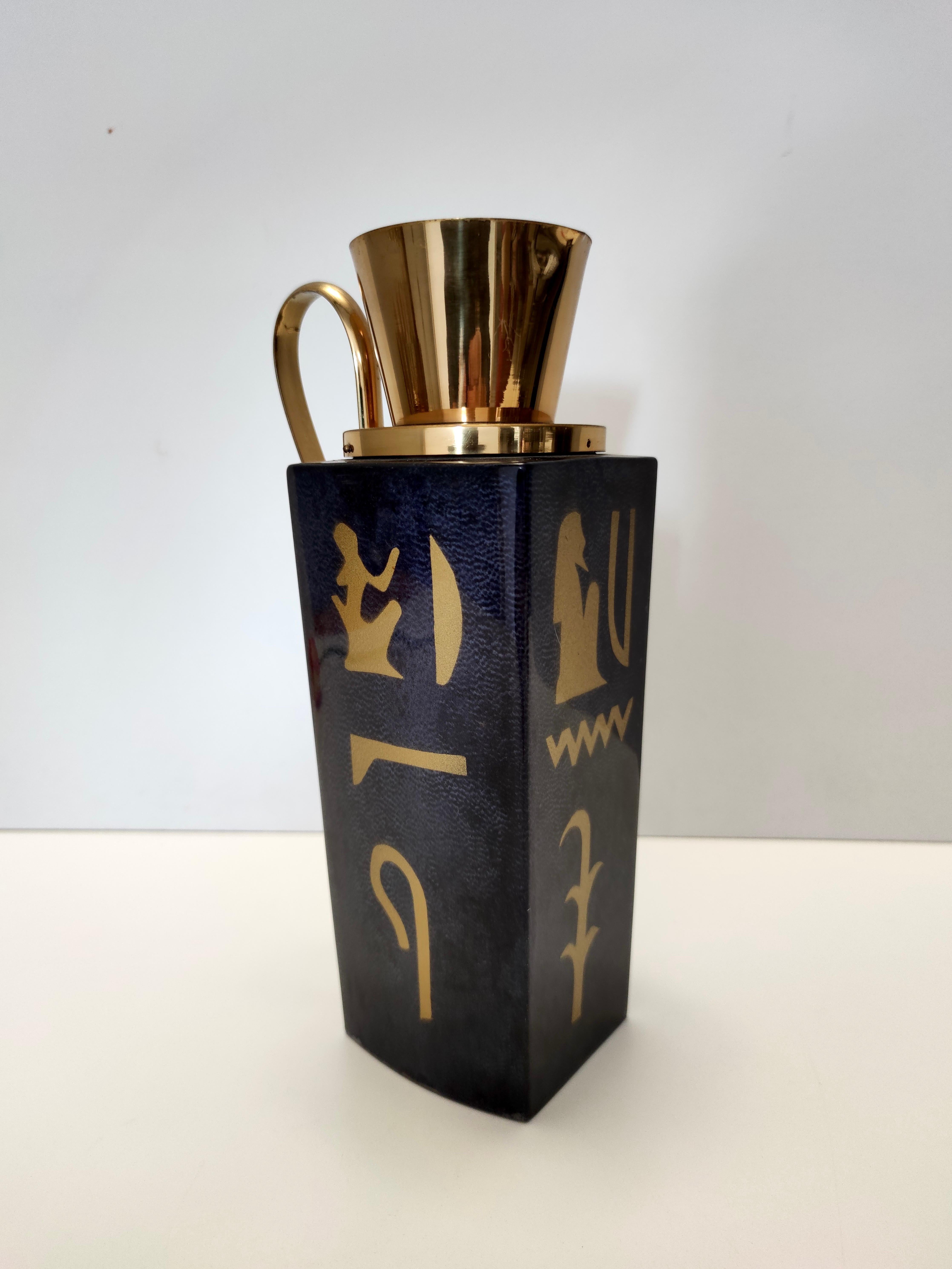 Italian Black Parchment Thermos with Hieroglyphics by Aldo Tura for Macabo, Italy For Sale