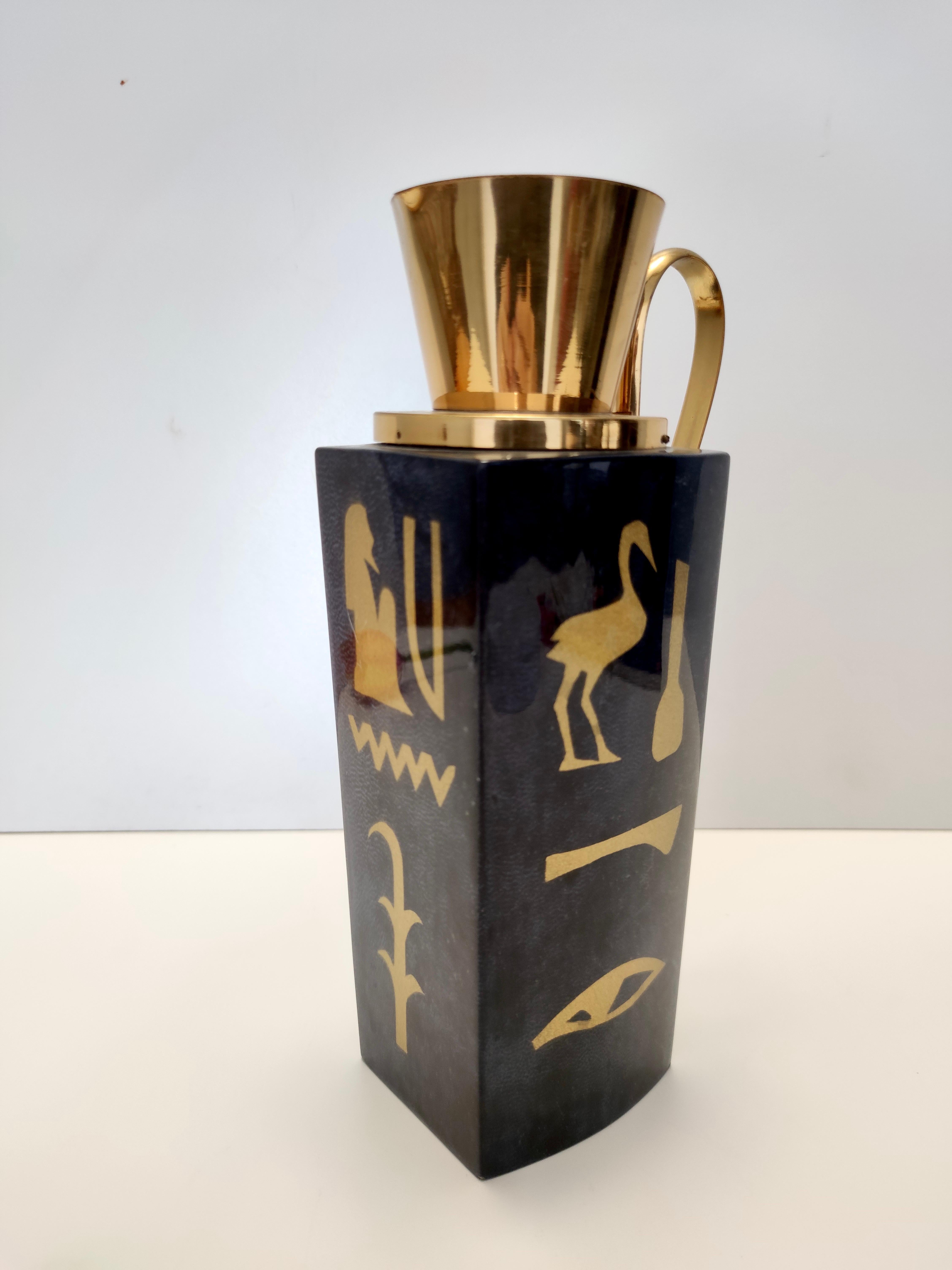 Mid-20th Century Black Parchment Thermos with Hieroglyphics by Aldo Tura for Macabo, Italy For Sale