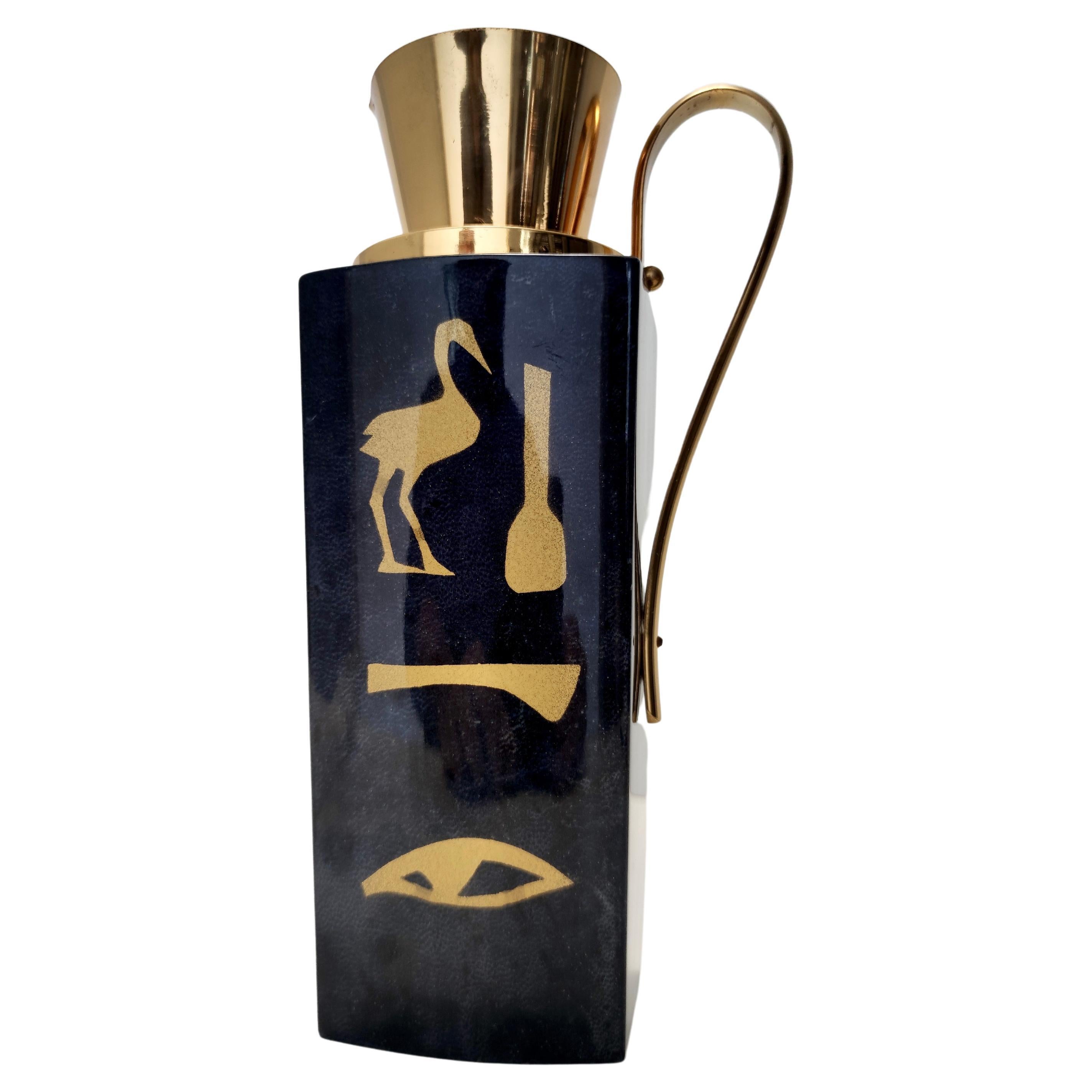 Black Parchment Thermos with Hieroglyphics by Aldo Tura for Macabo, Italy For Sale