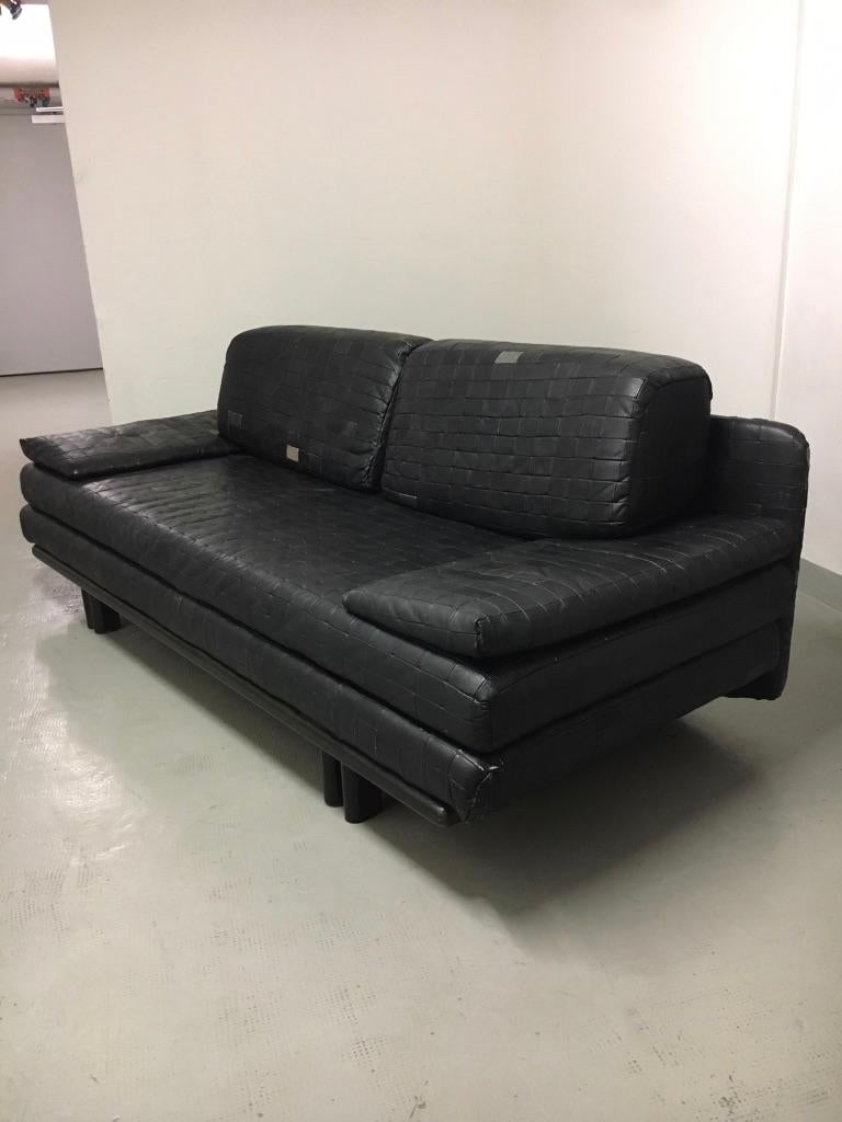 Black Patchwork Leather Convertible Sofa by De Sede, Switzerland, ca 1970s For Sale 1