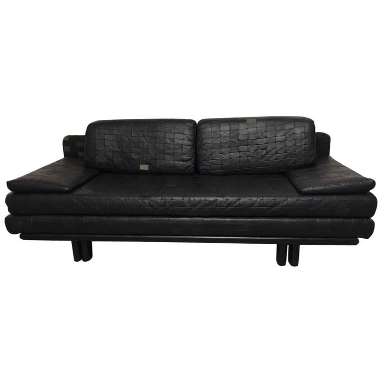 Black Patchwork Leather Convertible, Black Leather Convertible Couch