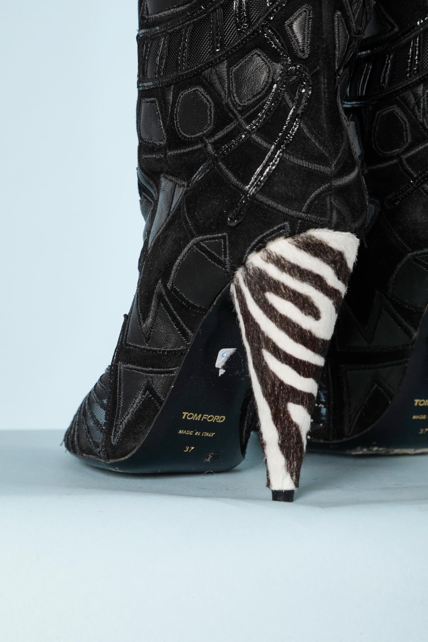 Women's Black patchwork open-toes waders with zebra calfskin heels Tom Ford 