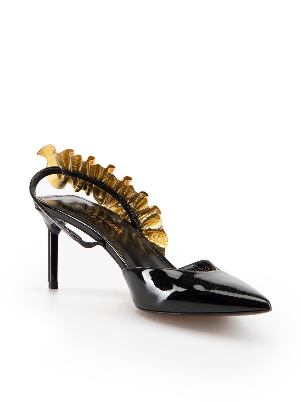 CONDITION is Very good. Minimal wear to heels is evident. Minimal scuffing to patent leather on this used Saint Laurent designer resale item.



Details


Black

Patent leather

Mid-heels

Point-toe

Slingback strap

Gold leather leaf detail on