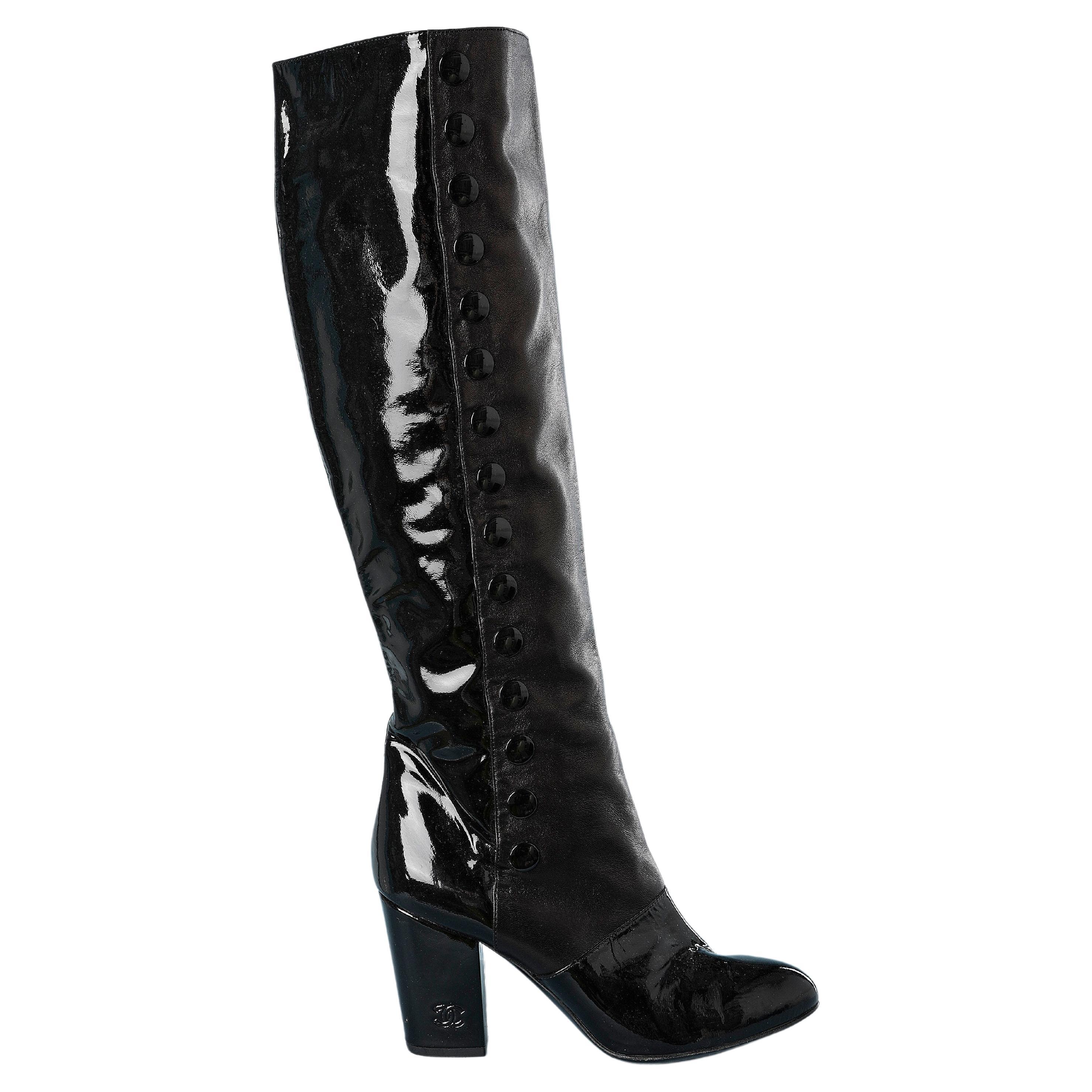 Black Patent Leather and Black Leather Boots with Snap on The Side Chanel