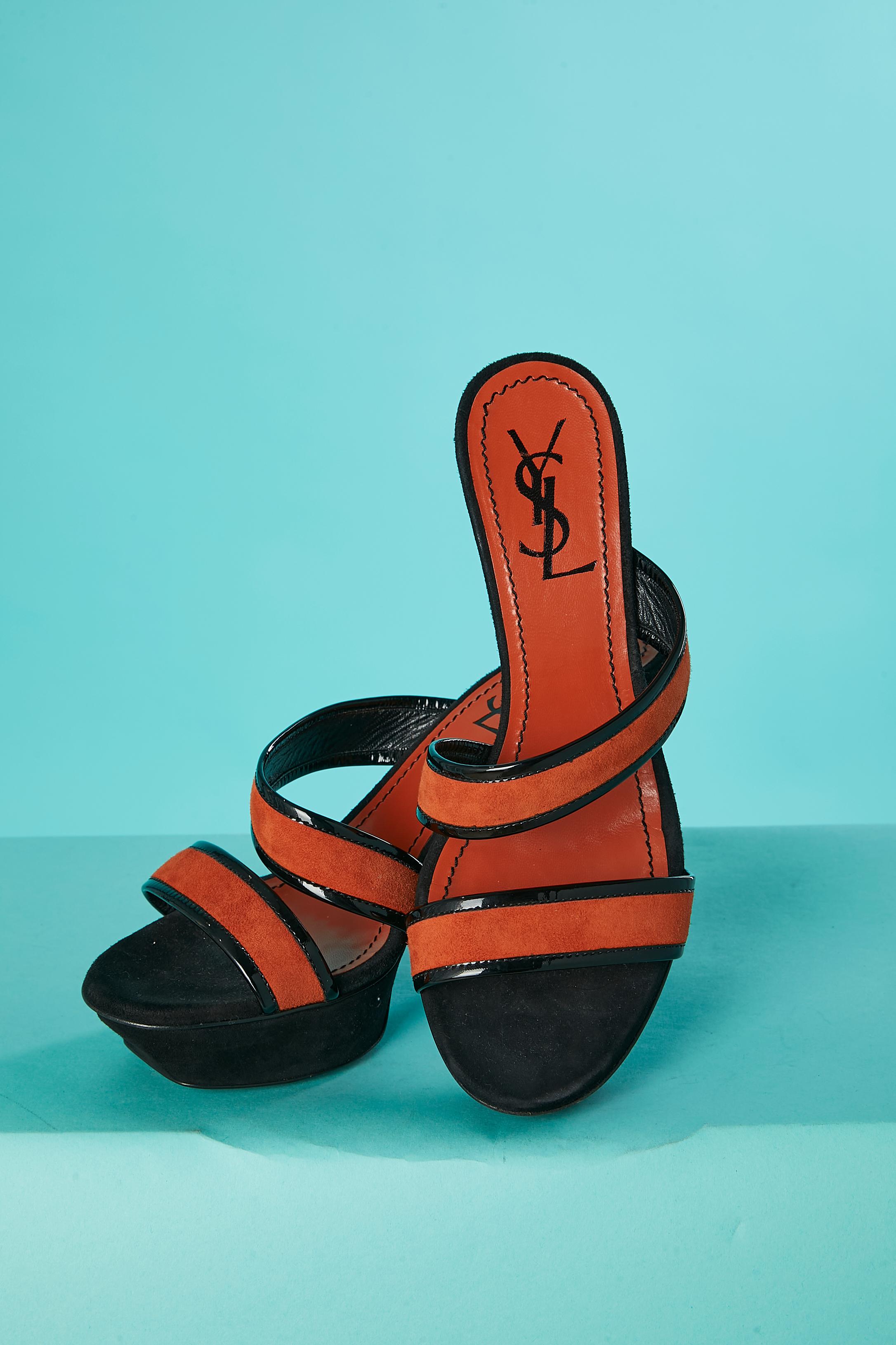 Black patent leather and orange suede double straps mules Yves Saint Laurent  For Sale 1