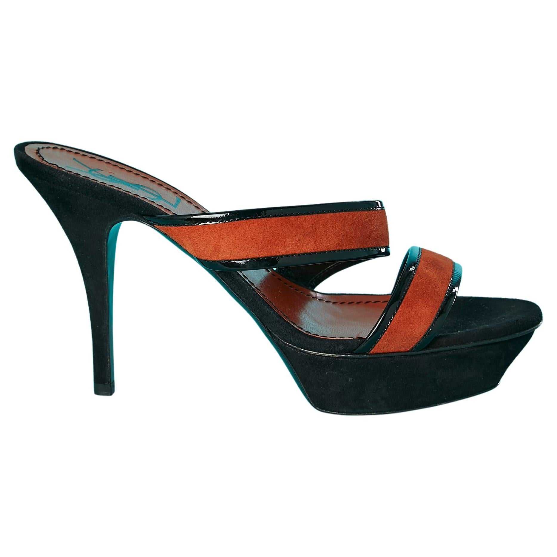 Black patent leather and orange suede double straps mules Yves Saint Laurent  For Sale