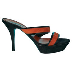 Black patent leather and orange suede double straps mules Yves Saint Laurent 