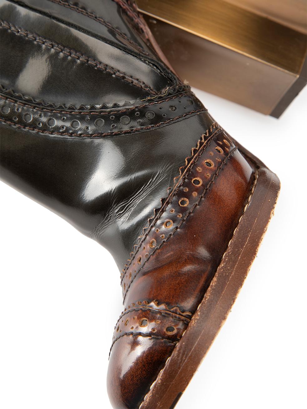 Women's Dolce & Gabbana Black Patent Leather Brogue Mid Calf Block Heel Boots Size IT 36