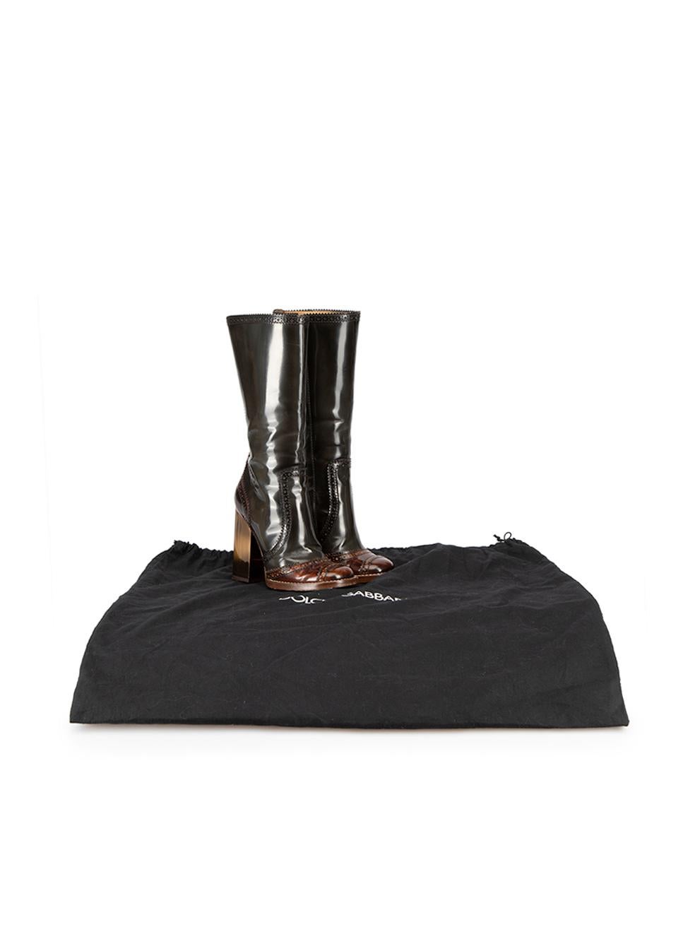 Dolce & Gabbana Black Patent Leather Brogue Mid Calf Block Heel Boots Size IT 36 1