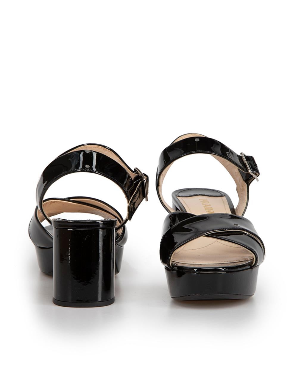 Prada Black Patent Leather Cross Strap Platform Sandals Size IT 38.5 In Good Condition In London, GB