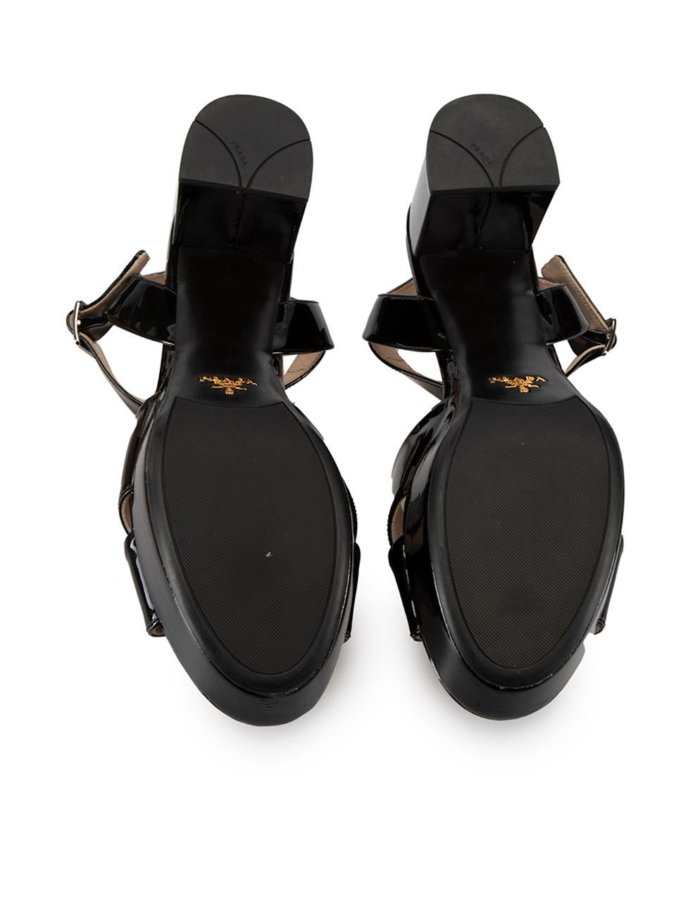 Women's Prada Black Patent Leather Cross Strap Platform Sandals Size IT 38.5