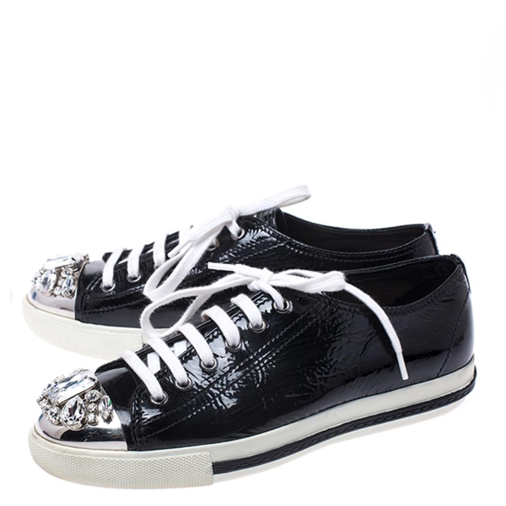 Women's Black Patent Leather Crystal Embellished Cap Toe Lace Up Sneakers Size 38