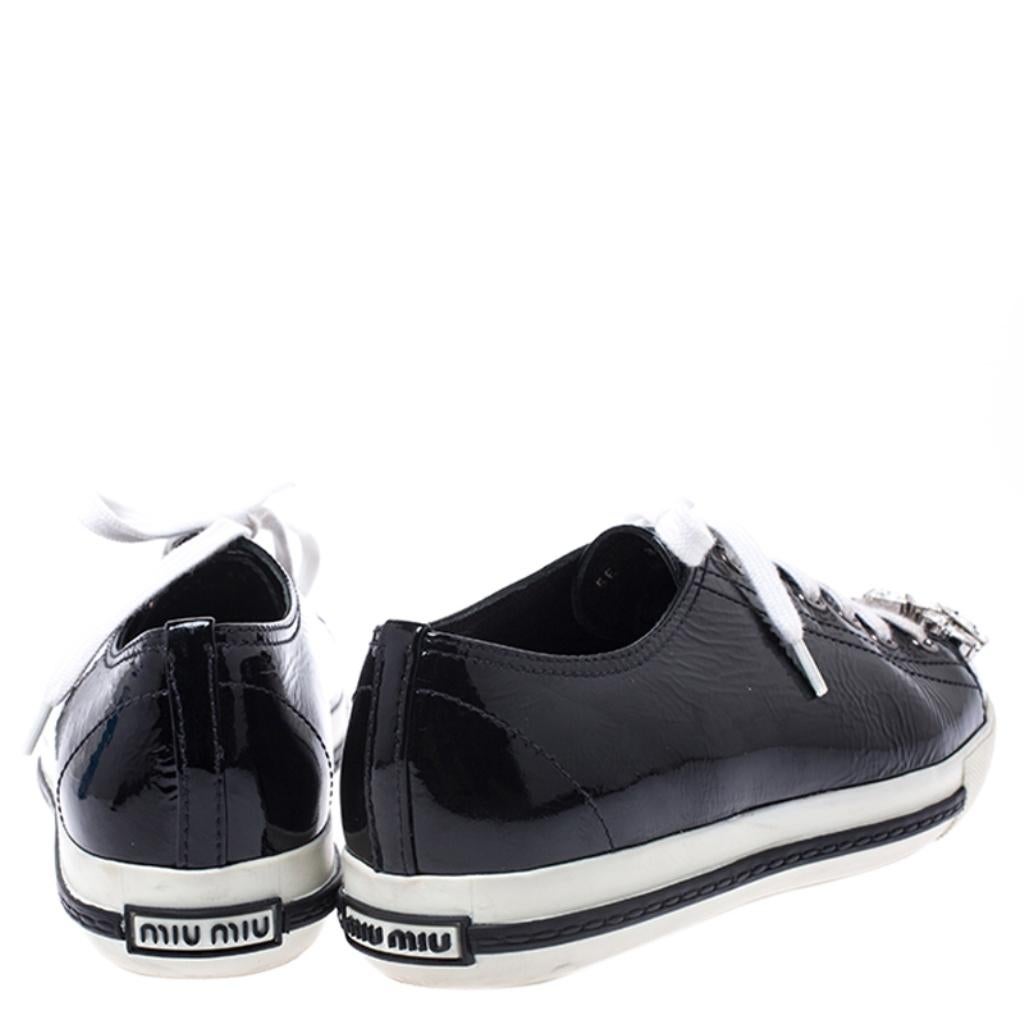 Black Patent Leather Crystal Embellished Cap Toe Lace Up Sneakers Size 38 1