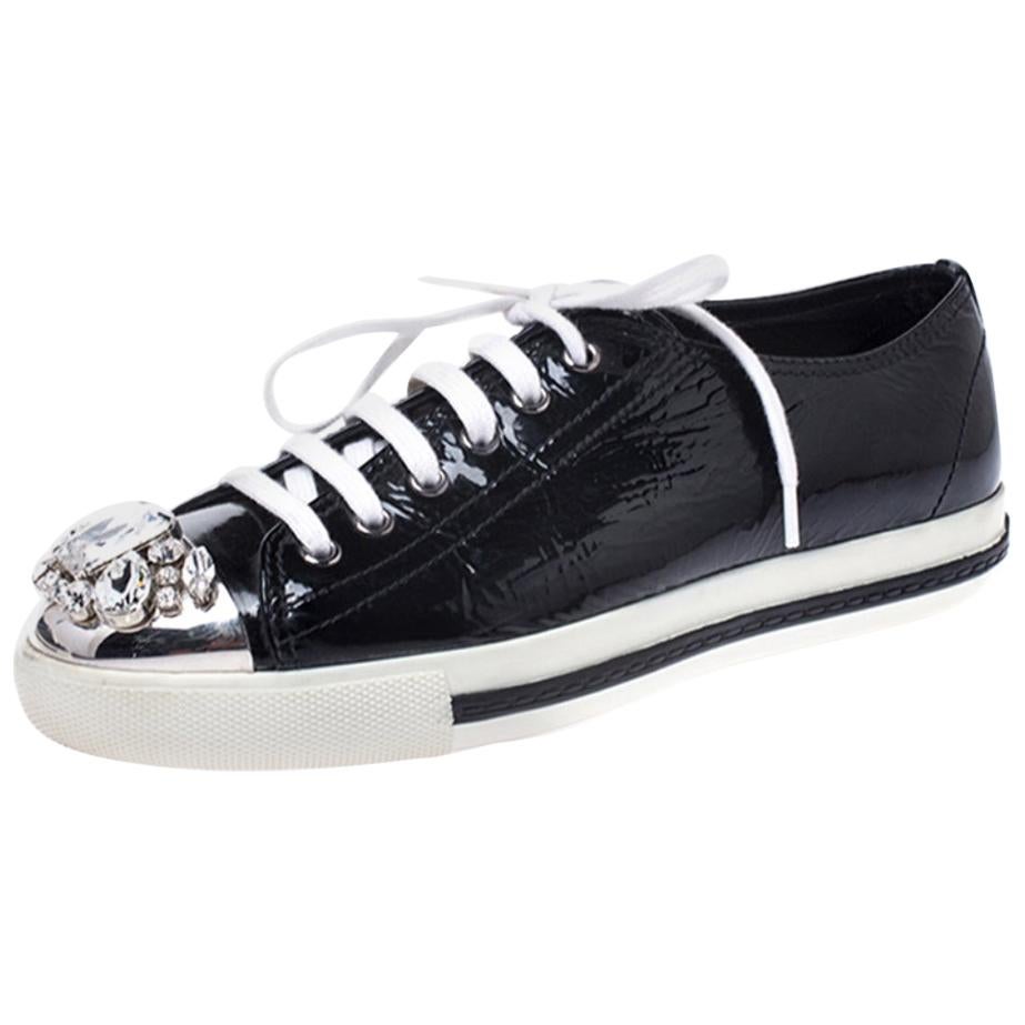 Black Patent Leather Crystal Embellished Cap Toe Lace Up Sneakers Size 38
