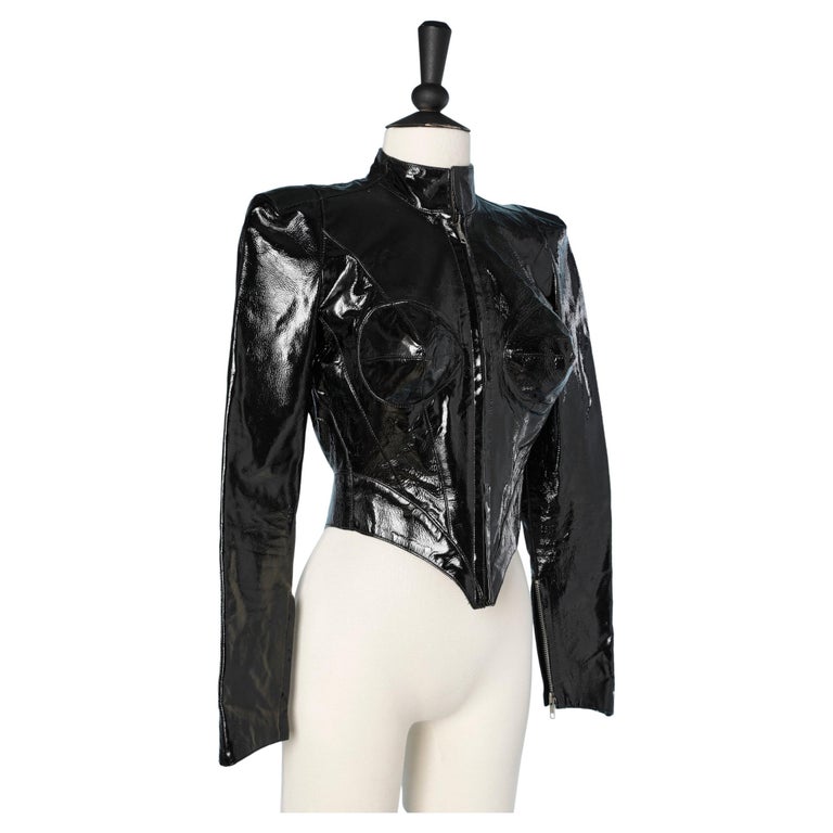 Thierry Mugler Black Motorcycle Trademark Faux Leather Top Blazer