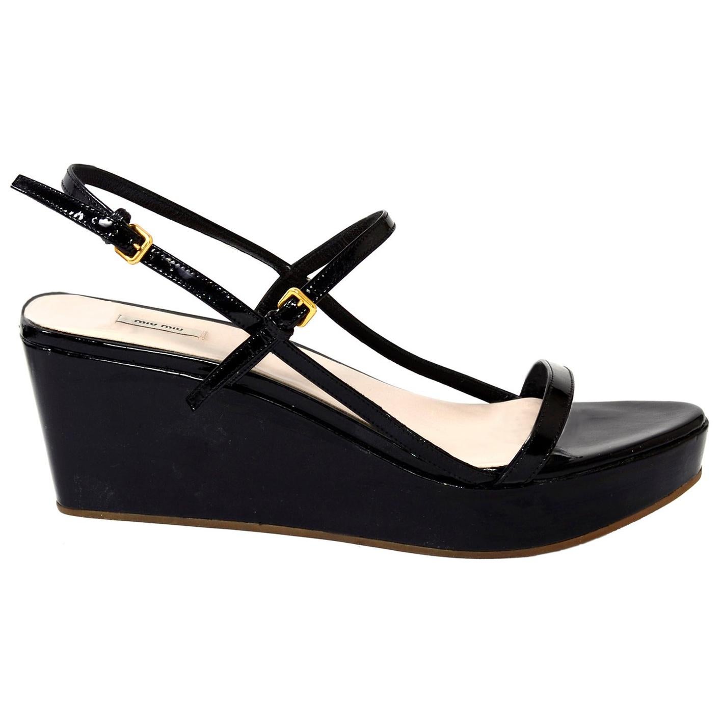 Black Patent Leather Miu Miu Sandals Platform Wedge Shoes Size 38