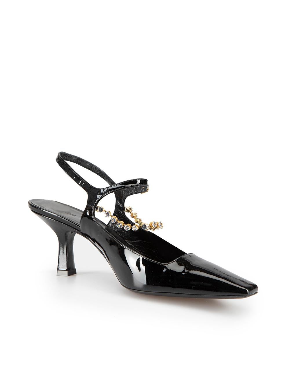 CONDITION is Very good. Hardly any visible wear to shoes is evident on this used Khaite designer resale item.



Details


Black

Patent leather

Square-toe heels

Square heel

Adjustable ankle strap

Gold tone jewel chain



 

Made in