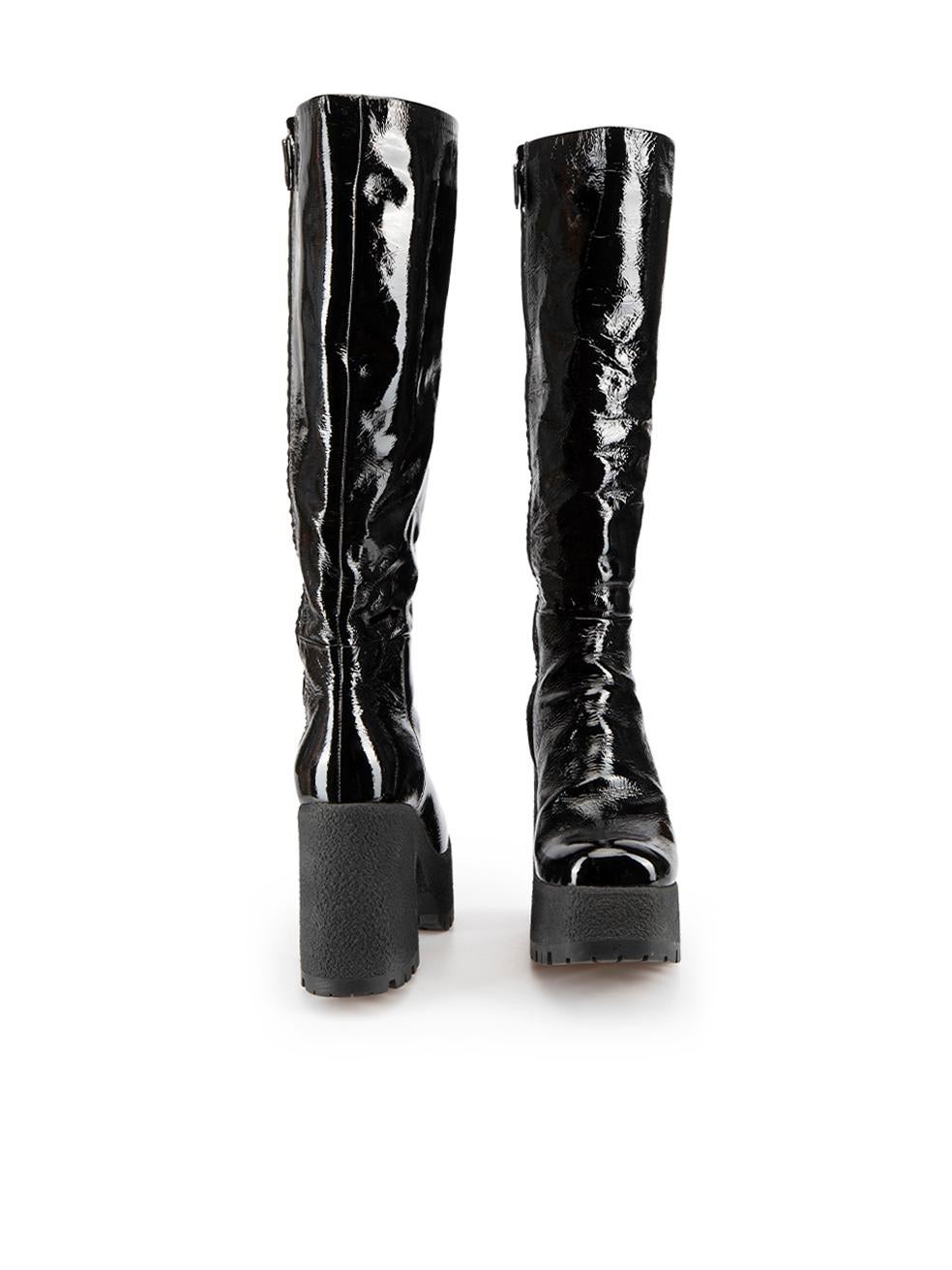 Black Patent Leather Square Toe Platform Knee High Boots Size IT 41 In Good Condition In London, GB